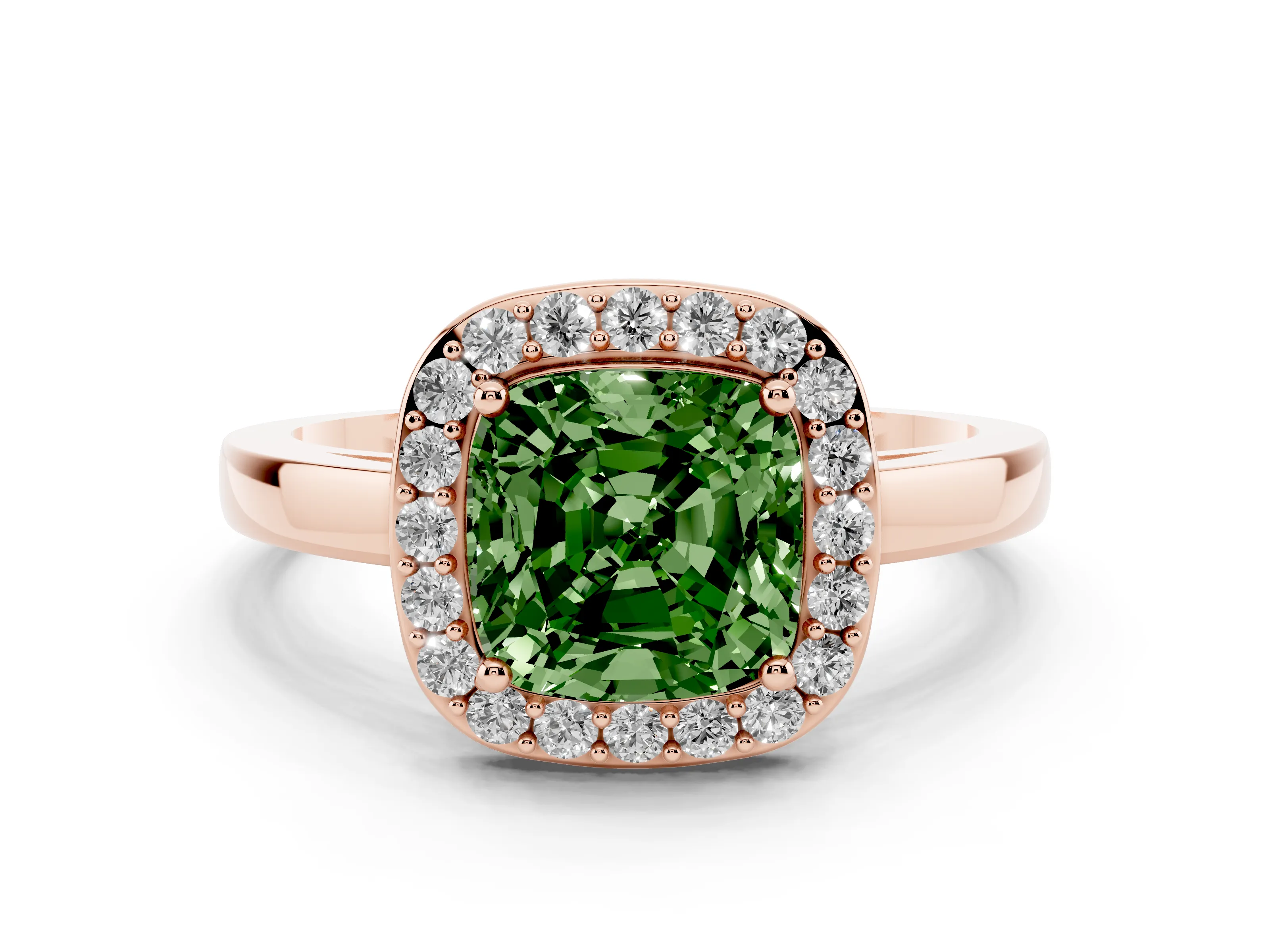 Fancy Green Cushion Cut Diamond Halo Ring Set in Rose gold with Solitaire Band and Prong Setting