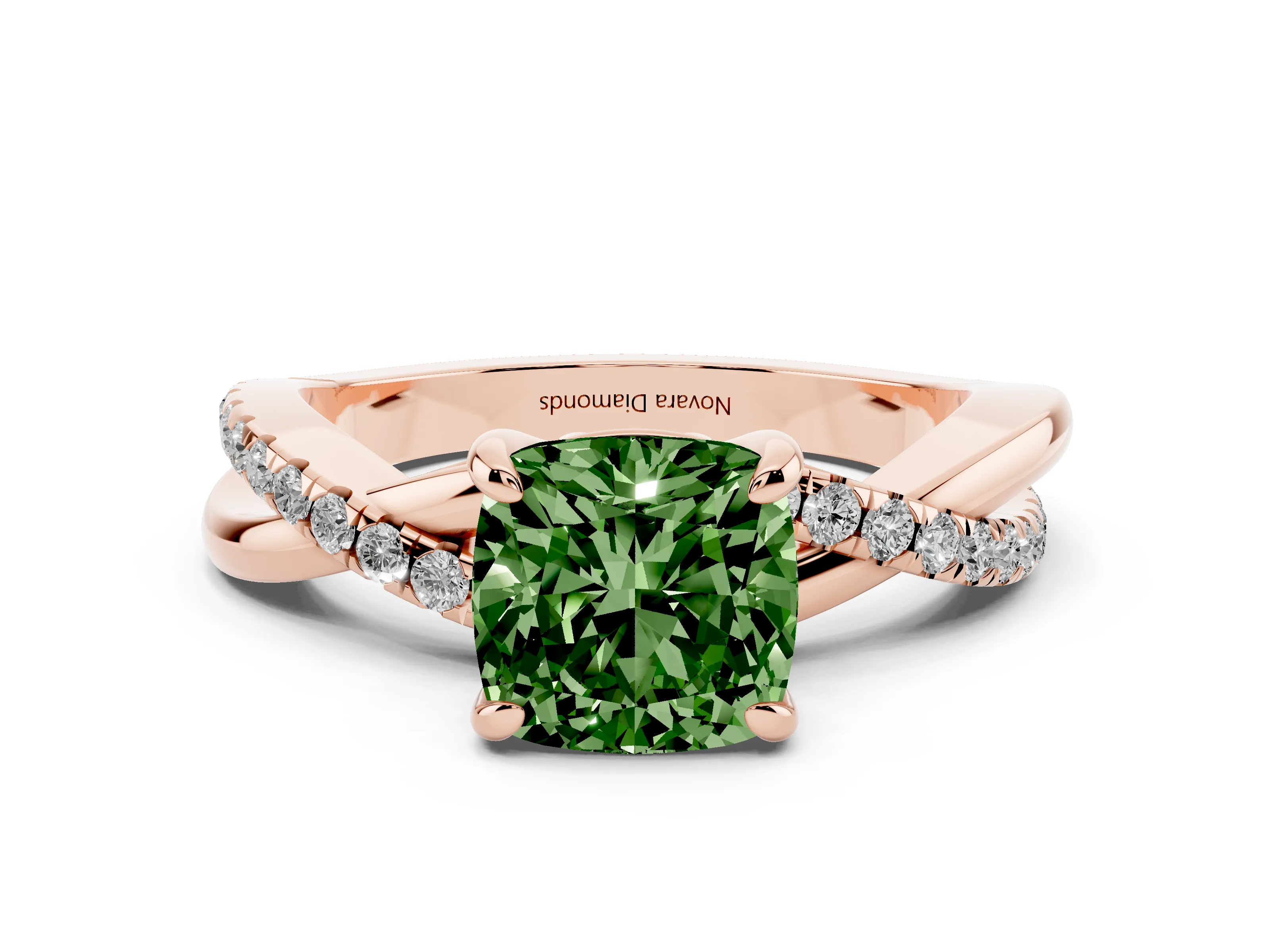 Fancy Green Cushion Cut Diamond Twist Band Pavé Solitaire Ring Set in Rose gold with Prong Setting