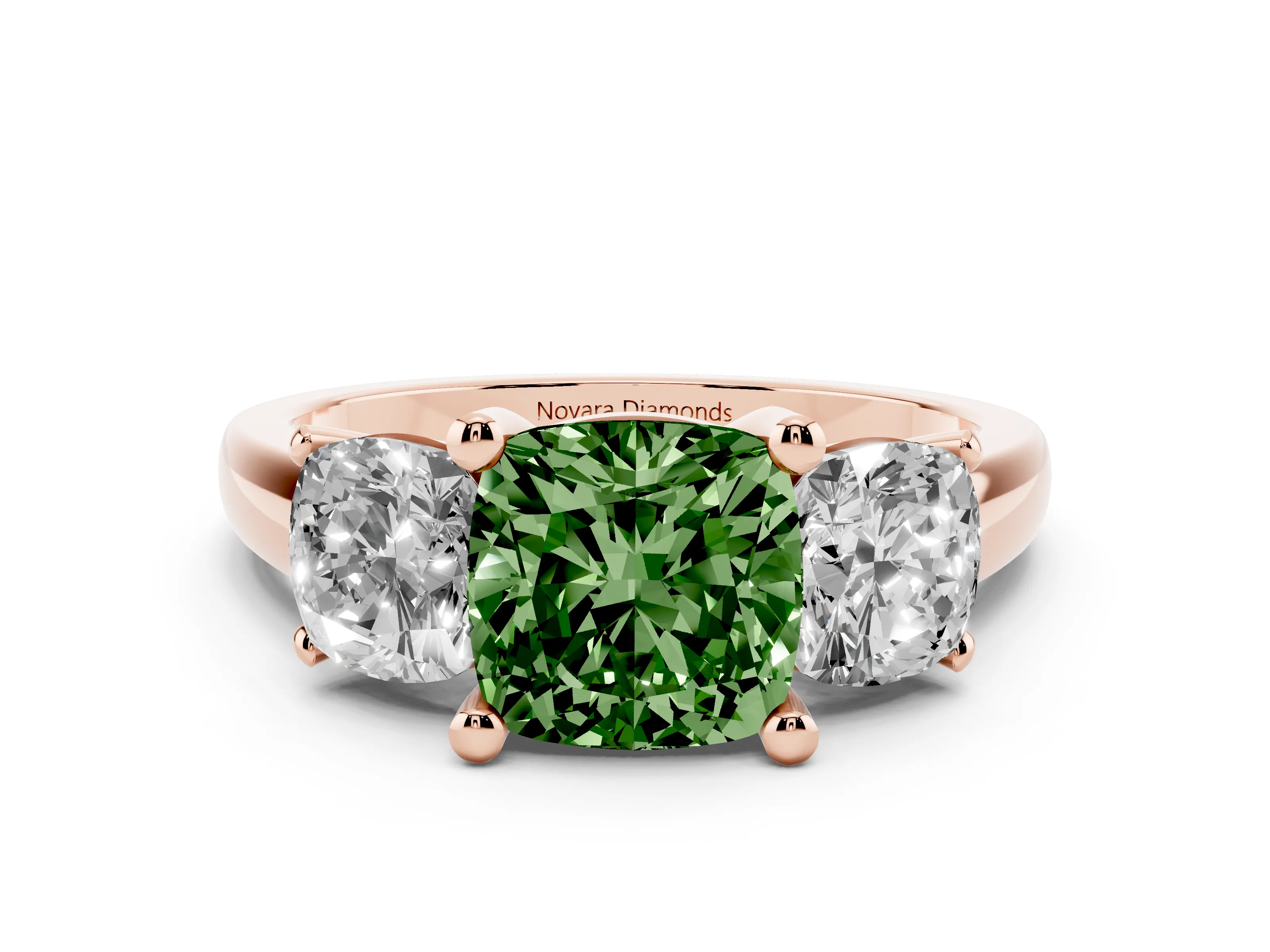 Fancy Green Cushion Cut Diamond Three-Stone Ring Set in Rose gold with Classic Prong Setting and Plain Band