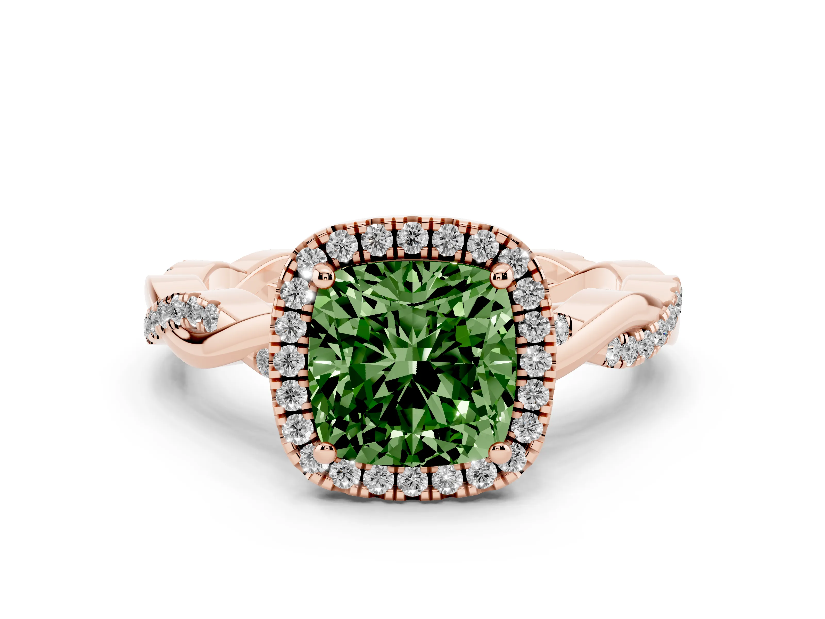Fancy Green Cushion Cut Diamond Halo Twisted Band Ring Set in Rose gold with Prong Setting