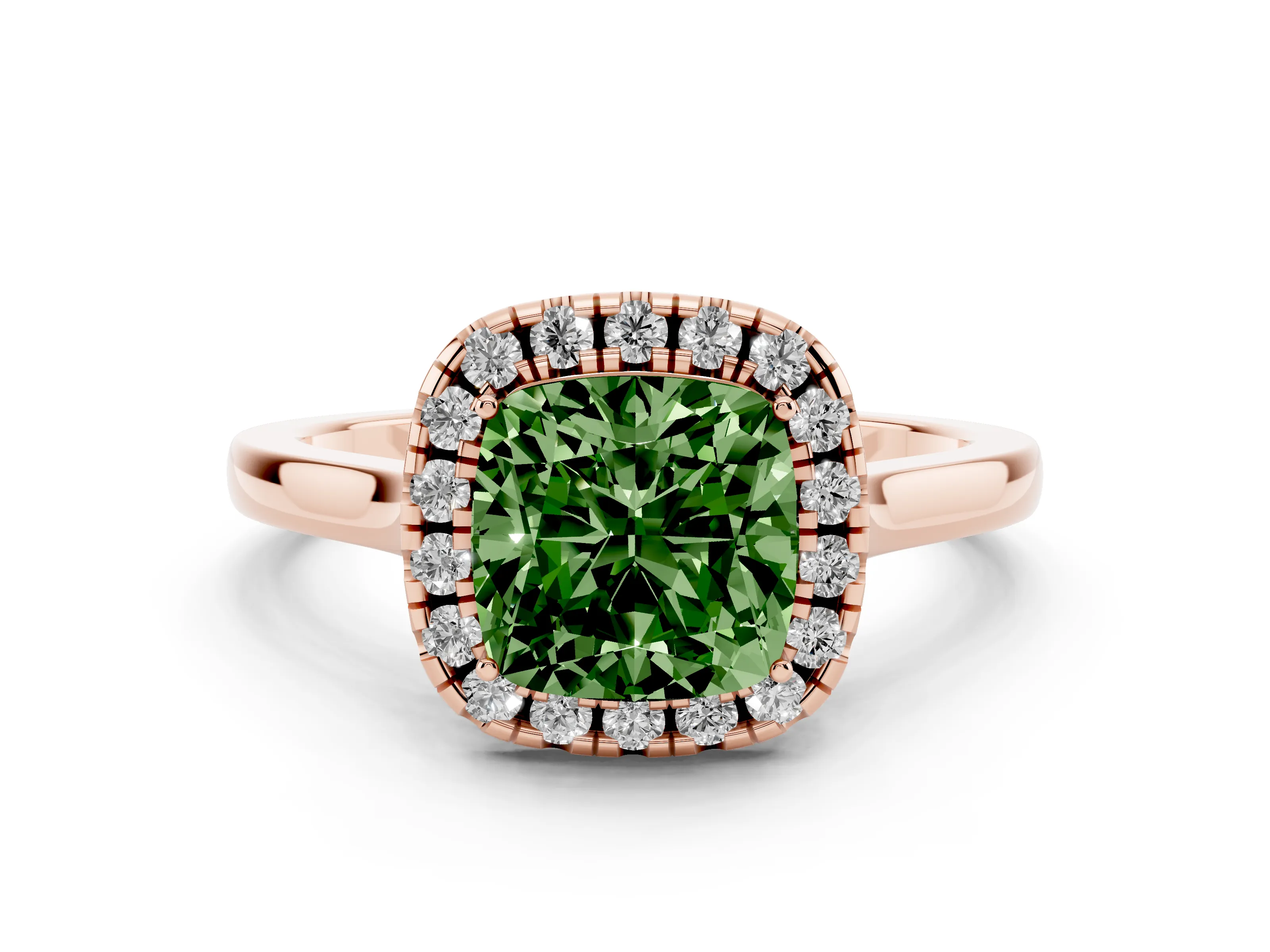 Fancy Green Cushion Cut Halo Round Diamond Solitaire Ring Set in Rose gold with Pavé Band and Prong Setting