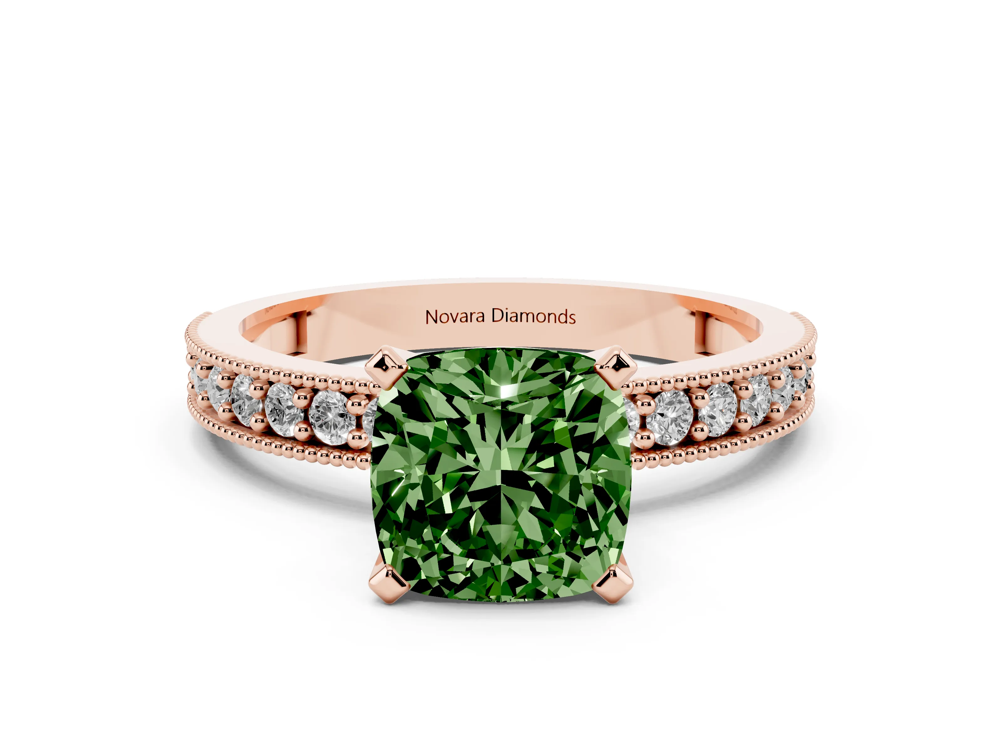 Fancy Green Cushion Cut Diamond Milgrain Pavé Engagement Ring Set in Rose gold with Prong Setting