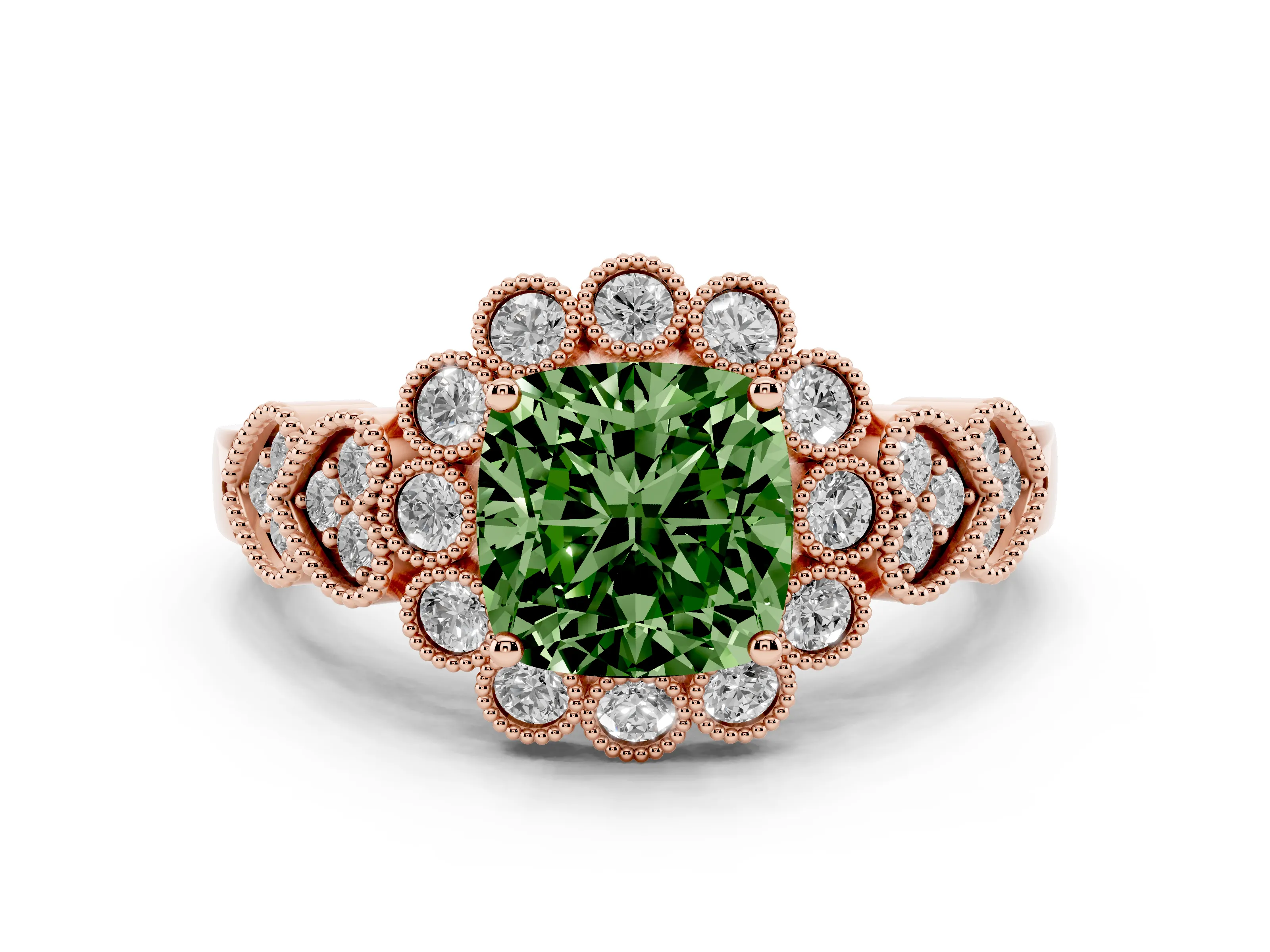 Fancy Green Cushion Cut Diamond Solitaire Ring Set in Rose gold with Milgrain Pavé Heart Band