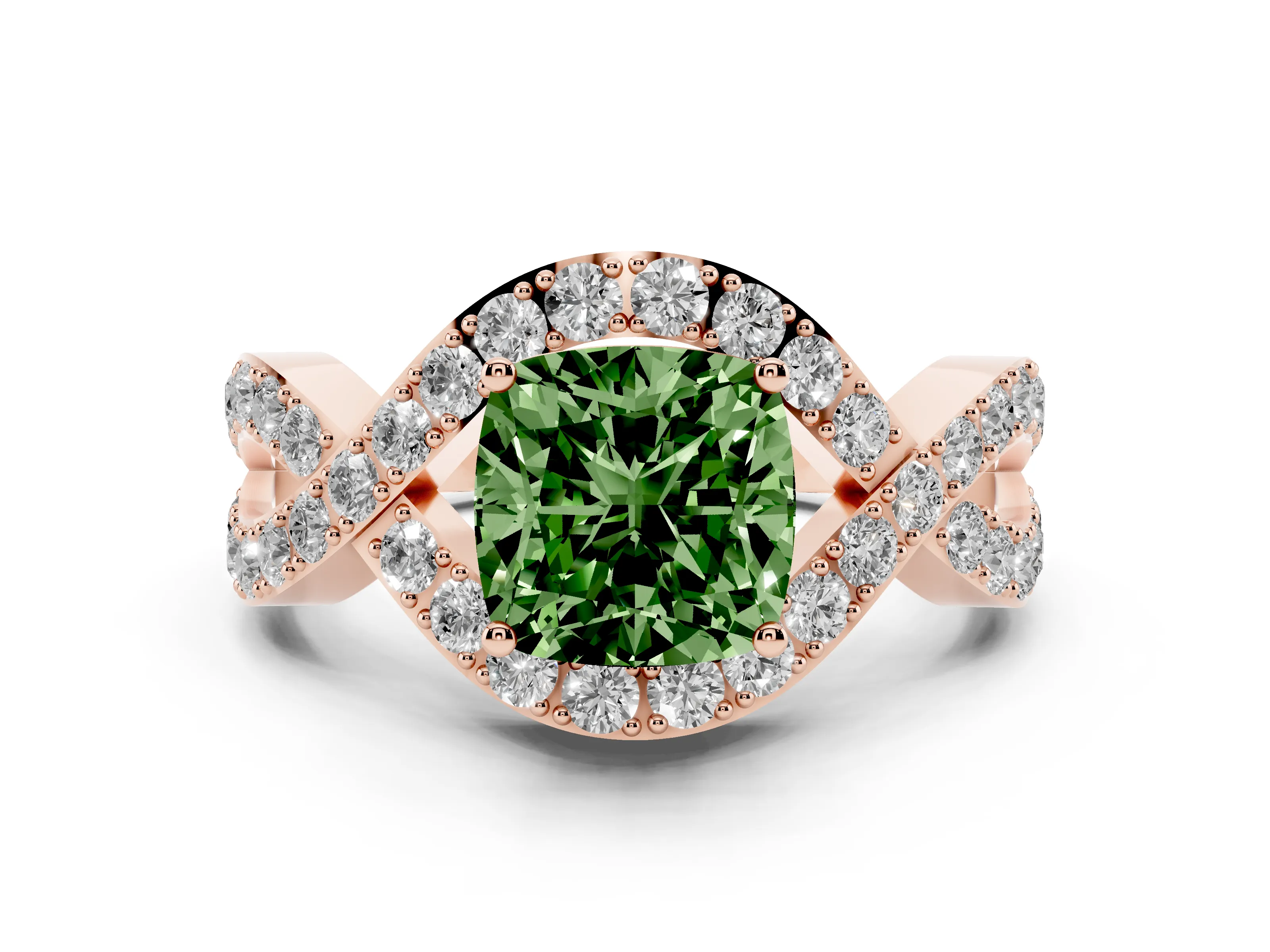 Fancy Green Cushion Cut Diamond Solitaire Twist Band Pavé Engagement Ring Set in Rose gold