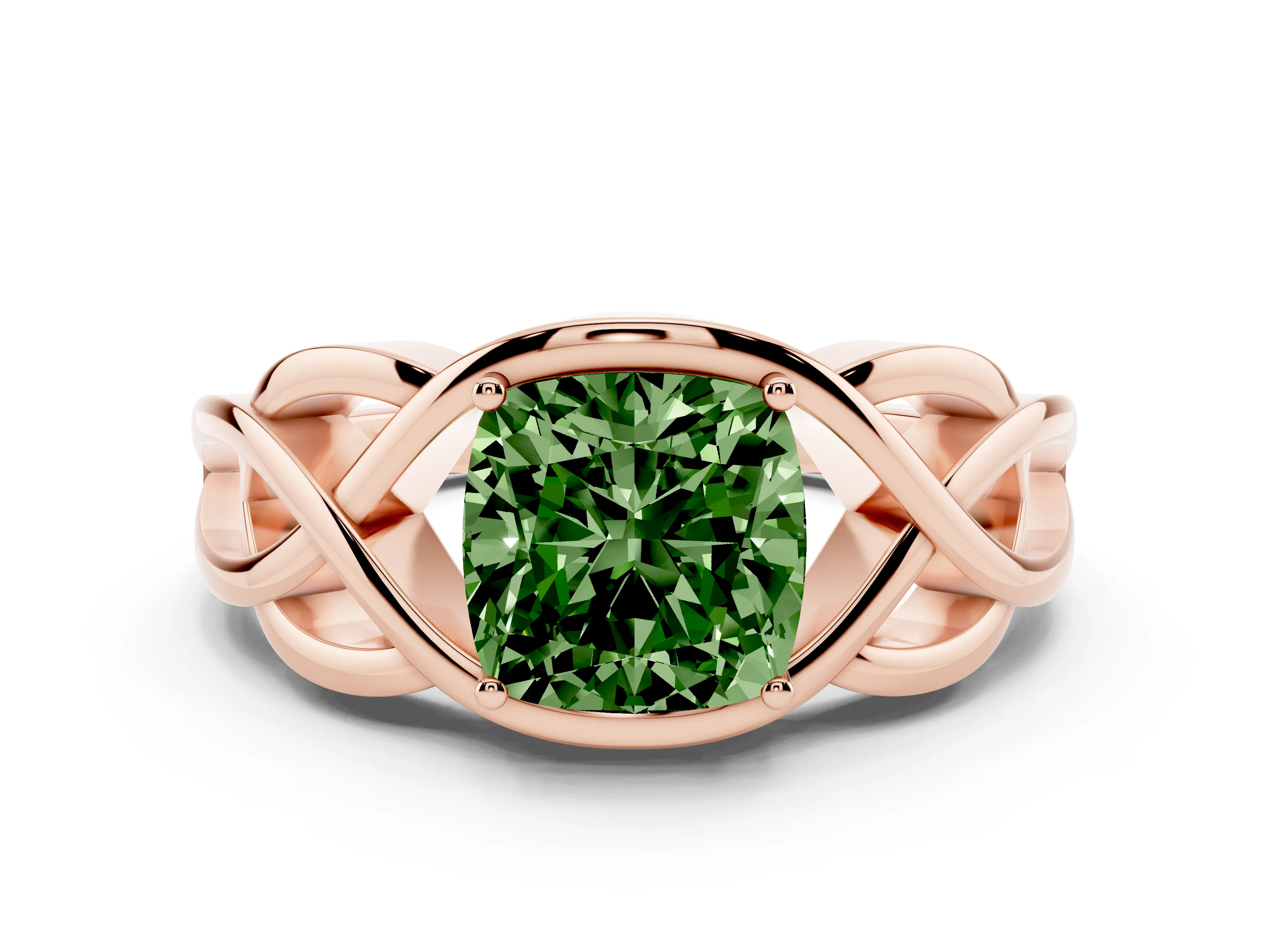 Fancy Green Cushion Cut Diamond Solitaire Ring Set in Rose gold with Intertwined Band