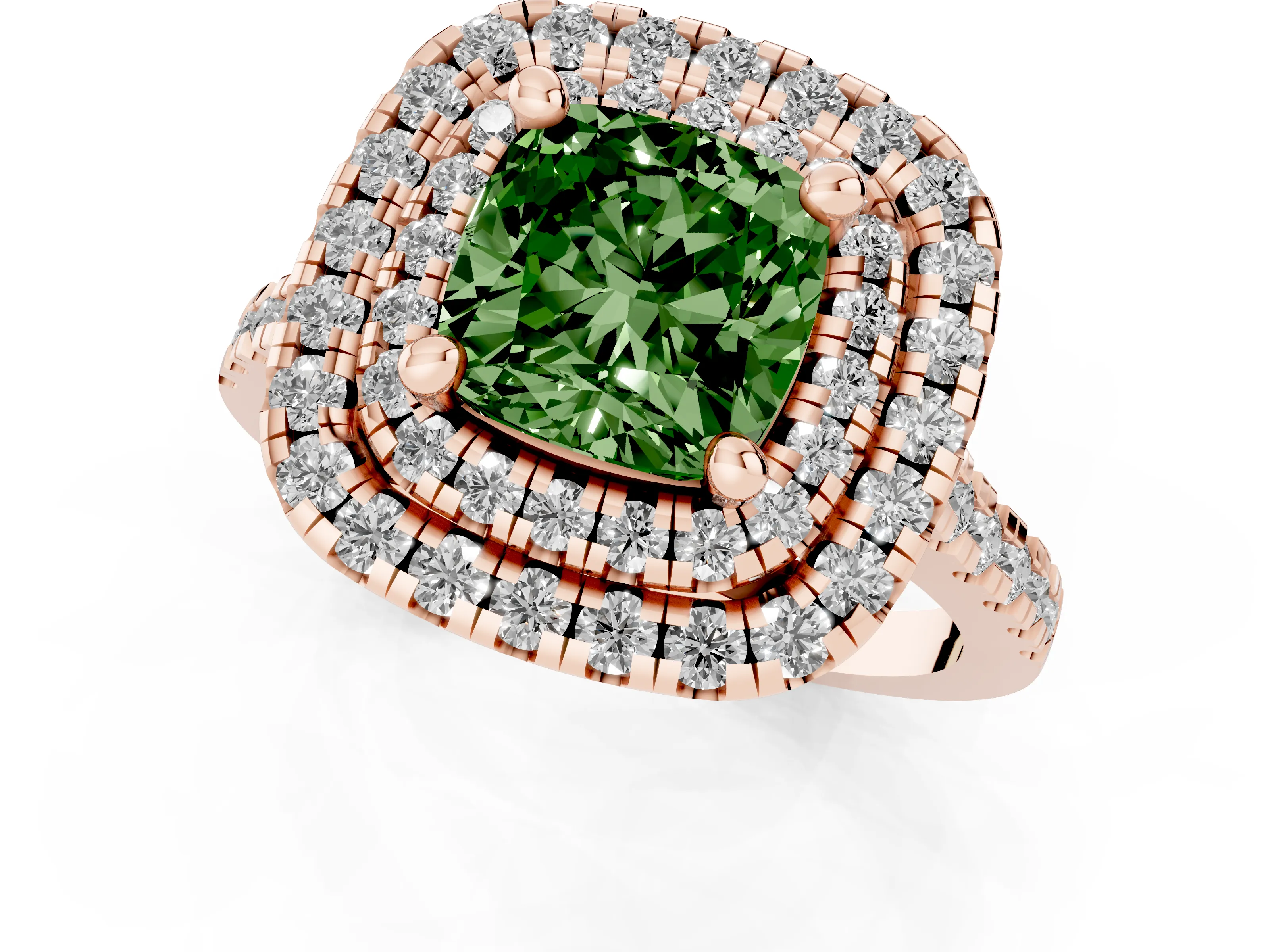 Fancy Green Cushion Cut Diamond Double Halo Statement Ring Set in Rose gold with Pavé Band – second view