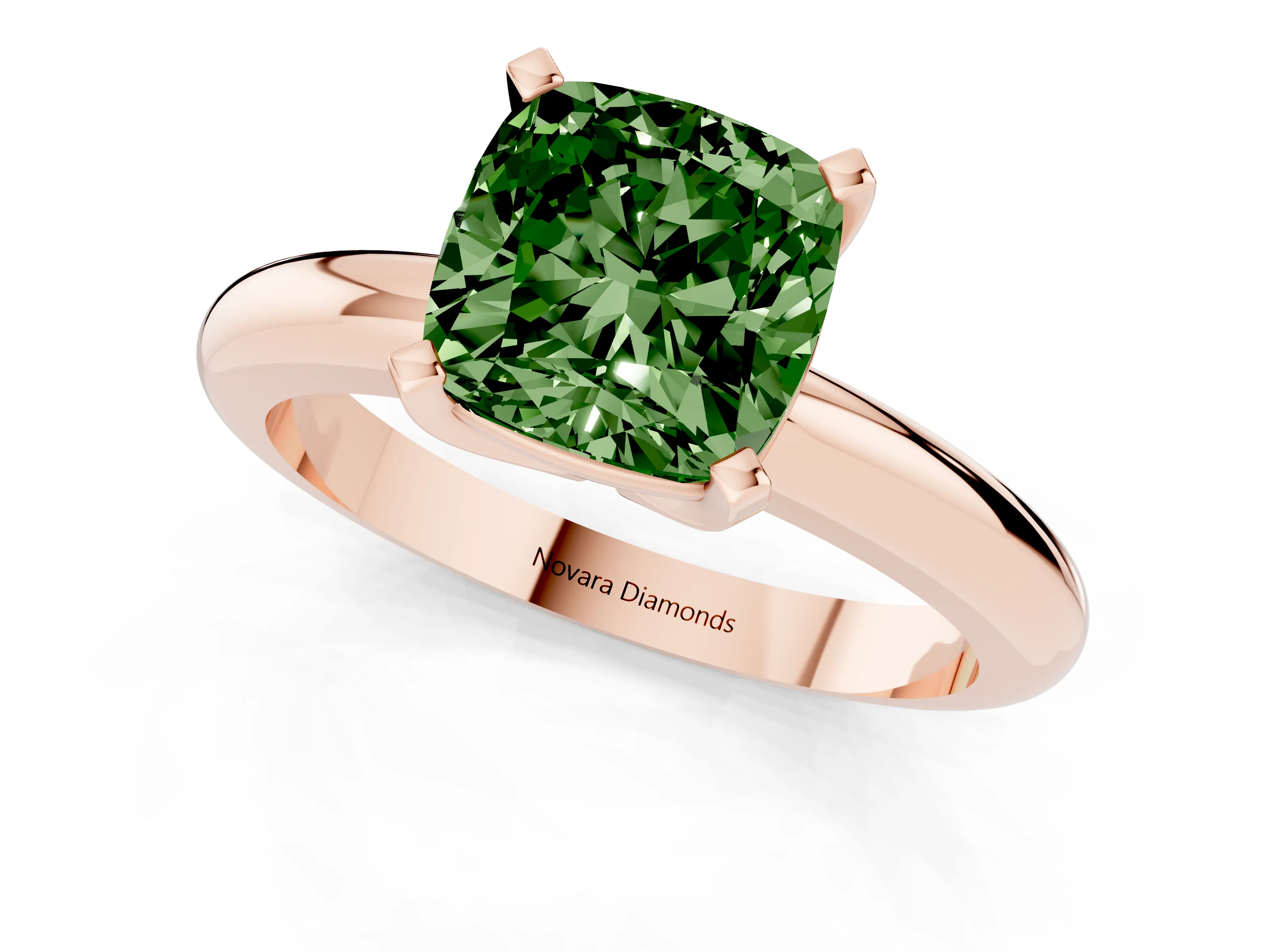 Fancy Green Cushion Cut Diamond Solitaire Engagement Ring Set in Rose gold with Round Band and Prong Setting