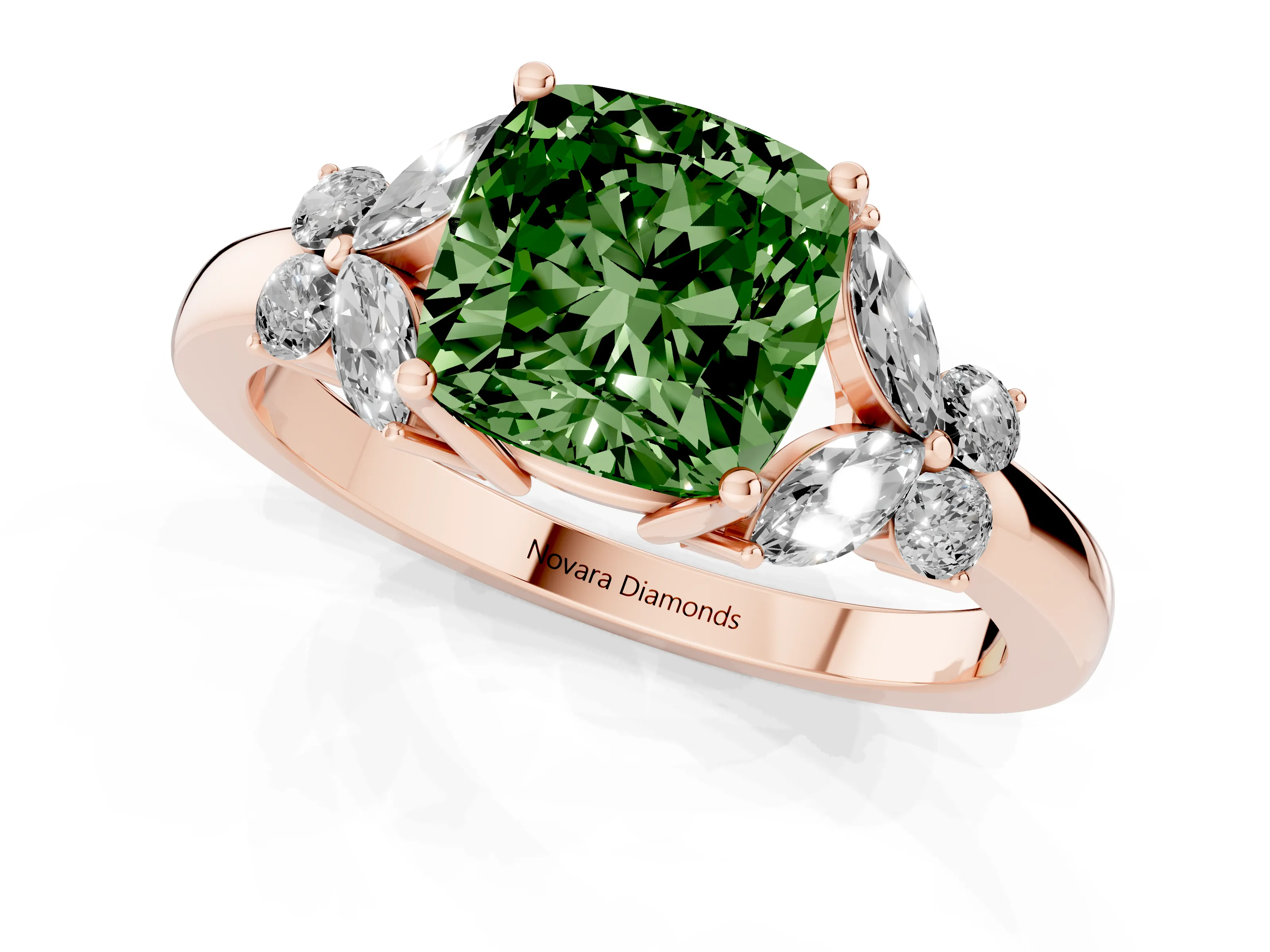 Fancy Green Cushion Cut Diamond Solitaire Floral Ring Set in Rose gold with Marquise Petals and Prong Setting