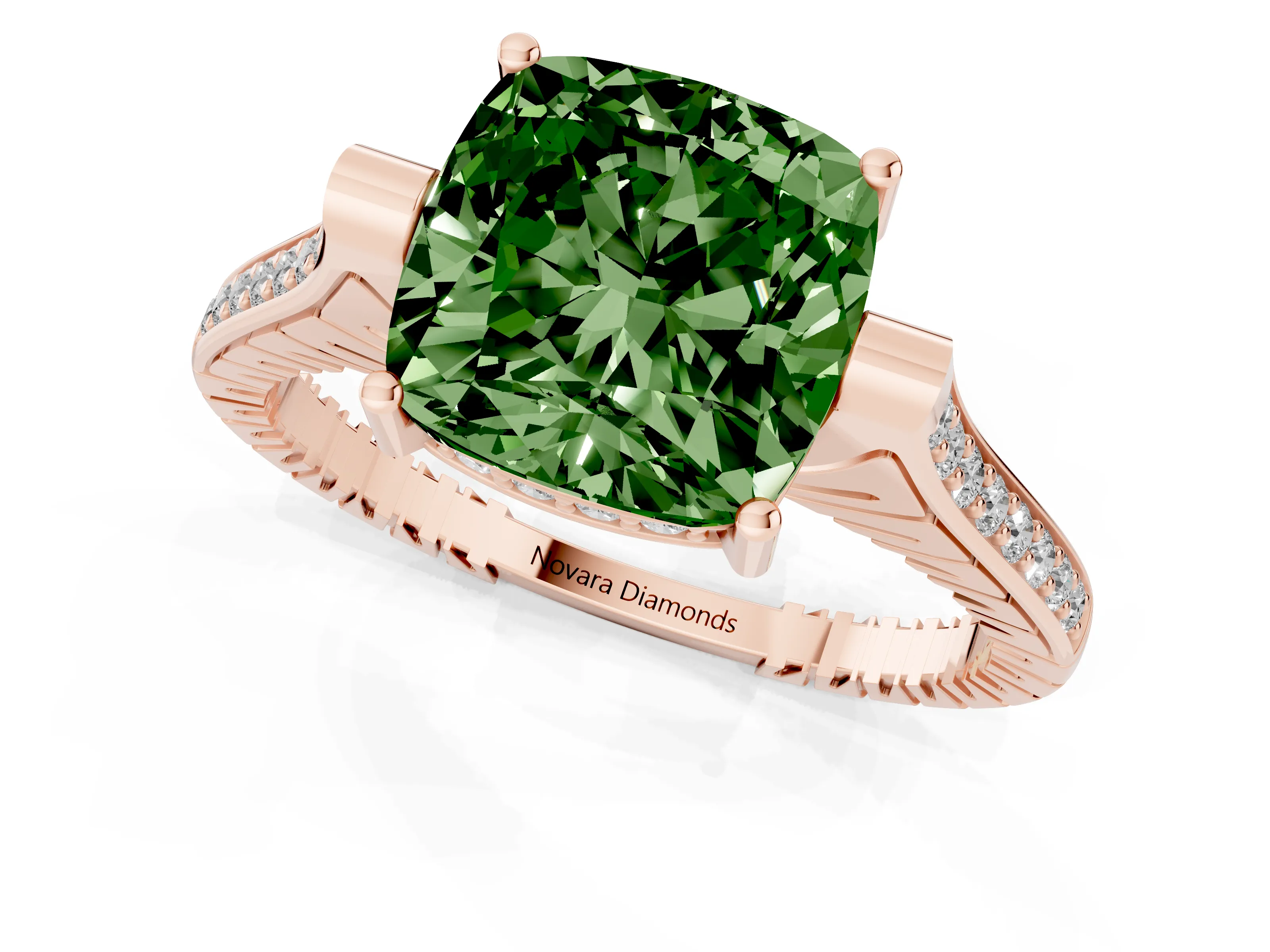 Fancy Green Cushion Cut Diamond Solitaire Ring Set in Rose gold with Channel Set Band and Bezel Prong Setting