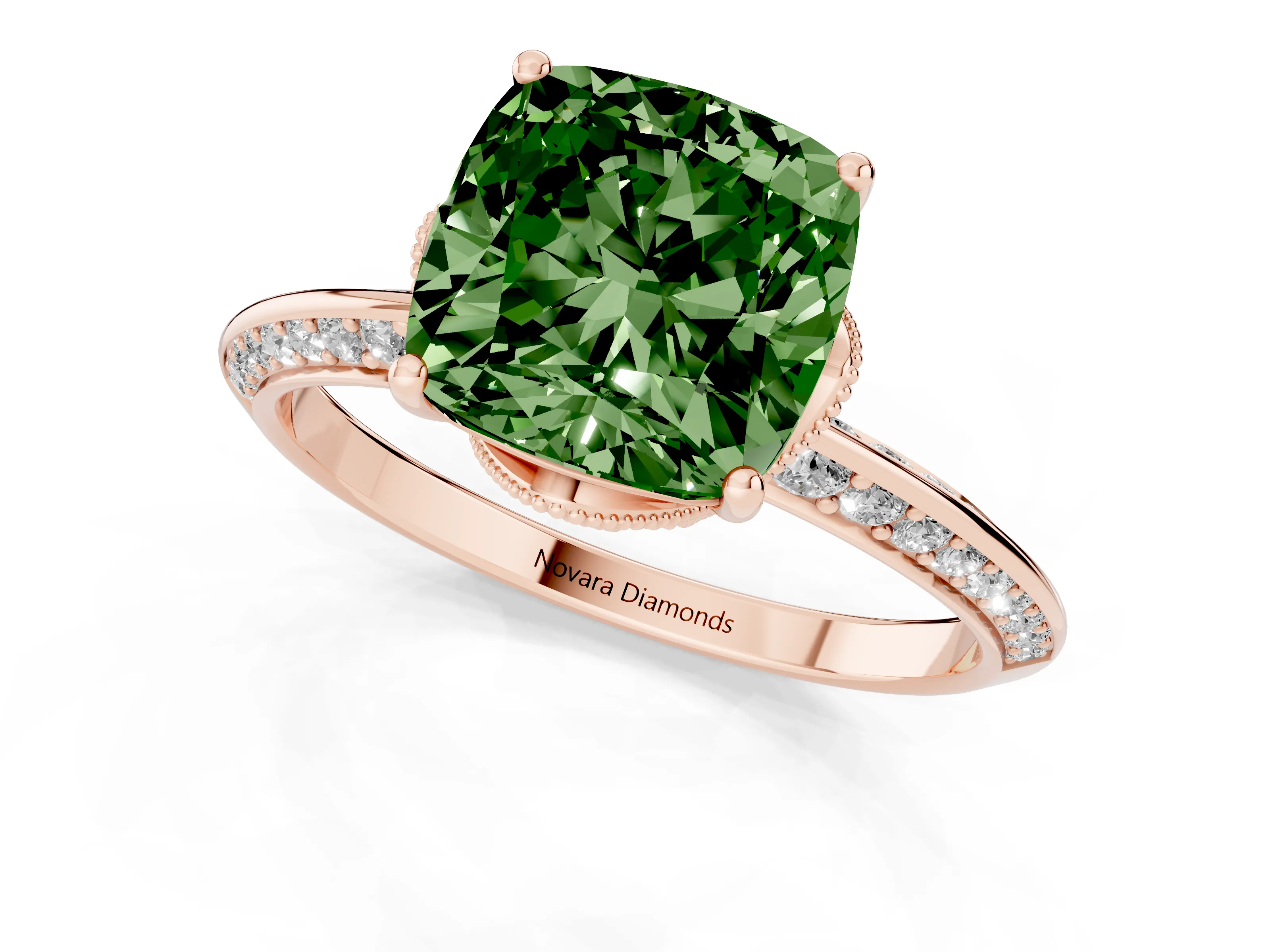 Fancy Green Cushion Cut Diamond Solitaire Engagement Ring Set in Rose gold with Pavé Split Shank and Prong Setting
