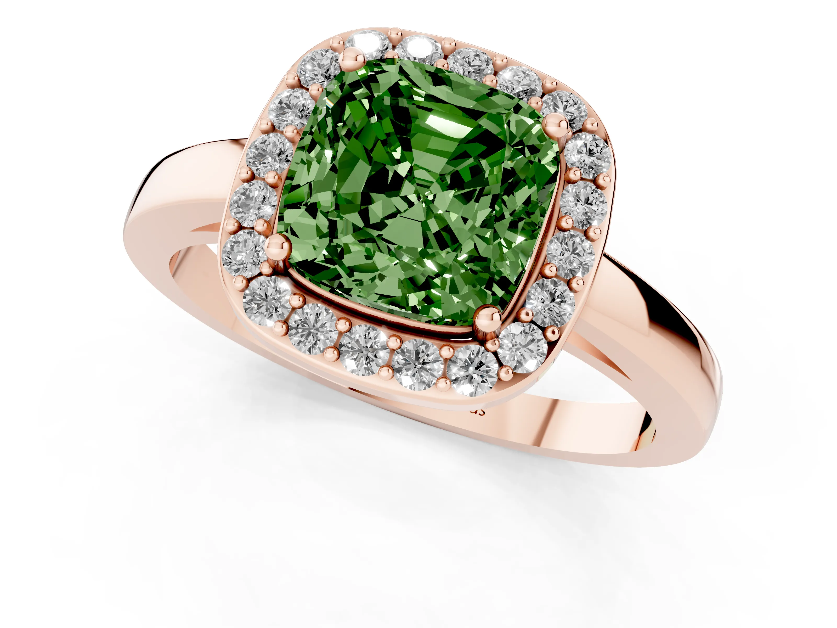 Fancy Green Cushion Cut Diamond Halo Ring Set in Rose gold with Solitaire Band and Prong Setting