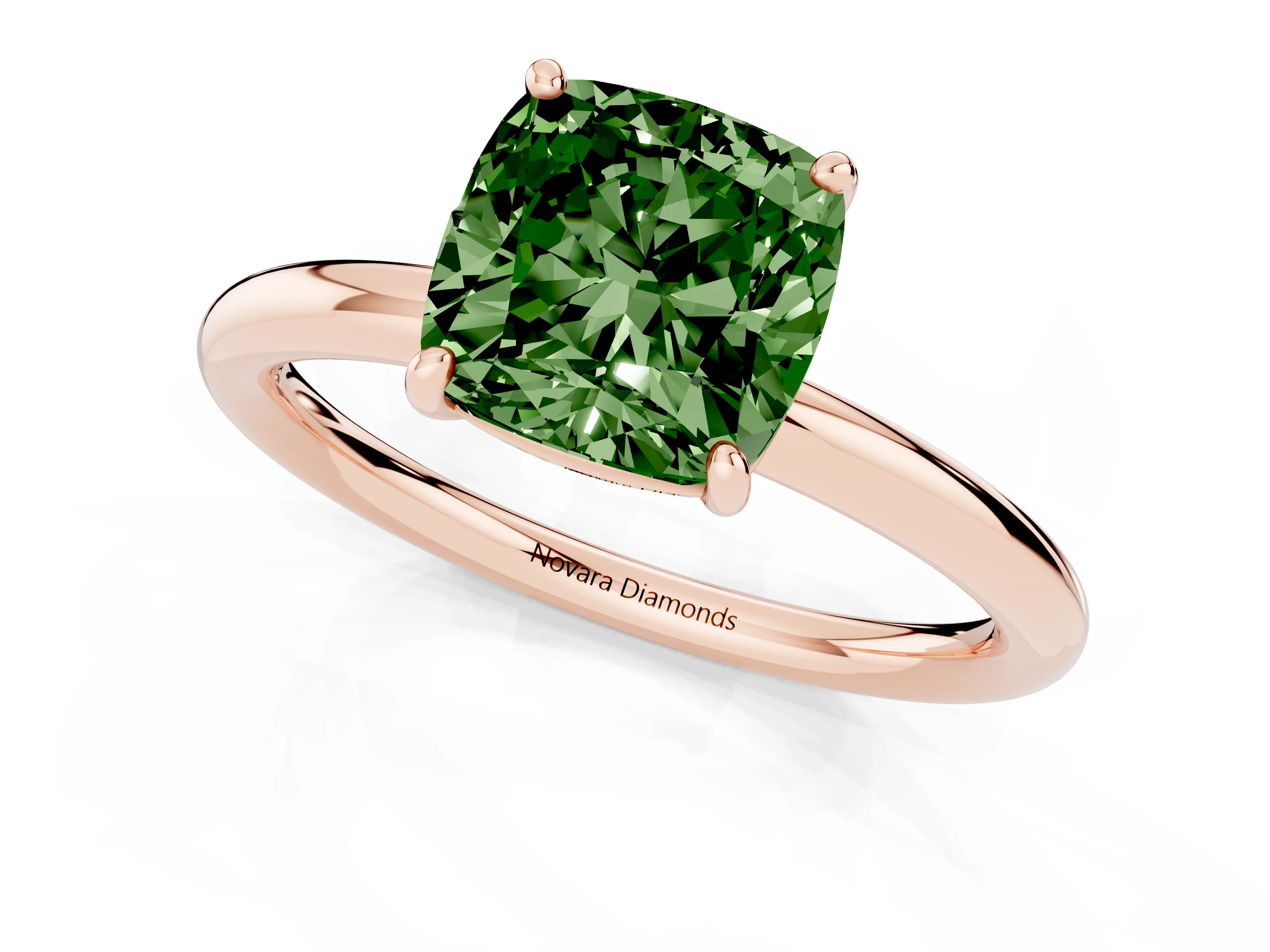 Fancy Green Cushion Cut Diamond Solitaire Ring Set in Rose gold with Prong Setting on a Polished Plain Band
