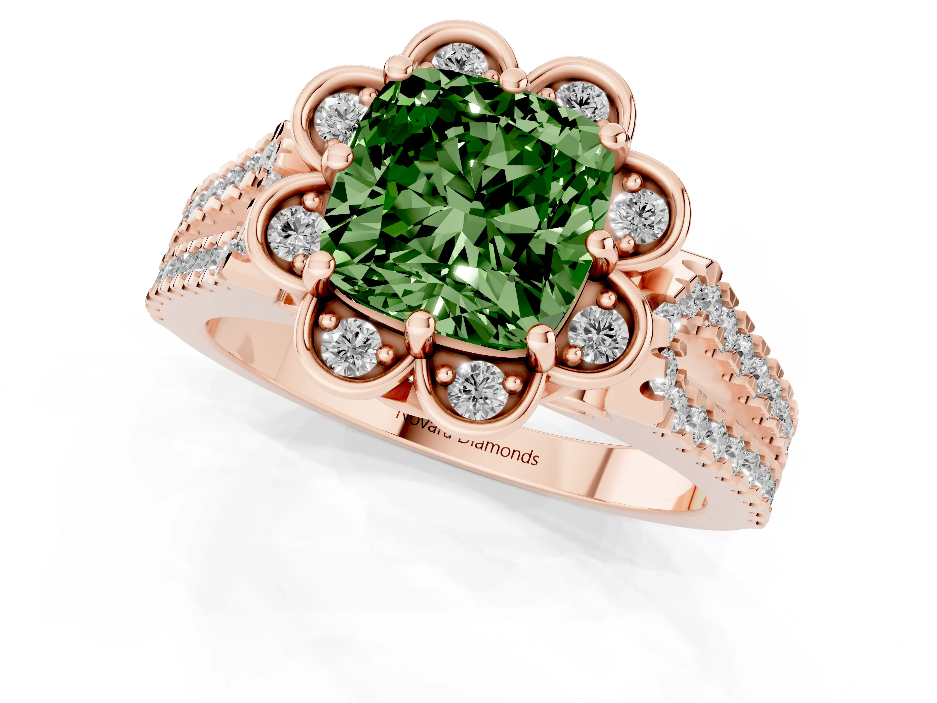 Fancy Green Cushion Cut Diamond Floral Halo Split Shank Engagement Ring Set in Rose gold with Pavé Shank