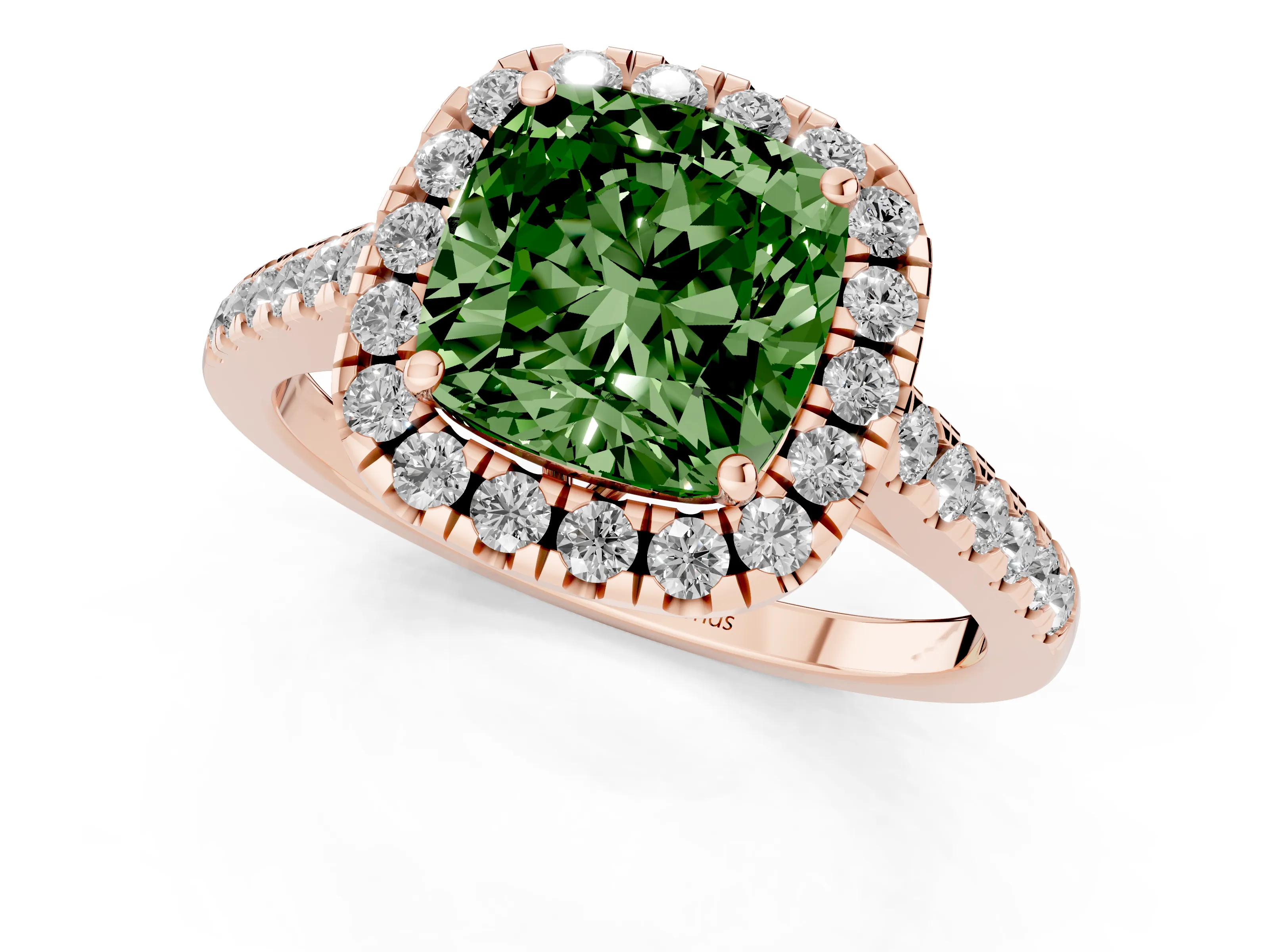 Fancy Green Cushion Cut Diamond Pavé Halo Engagement Ring Set in Rose gold with Pavé Band and Prong Setting
