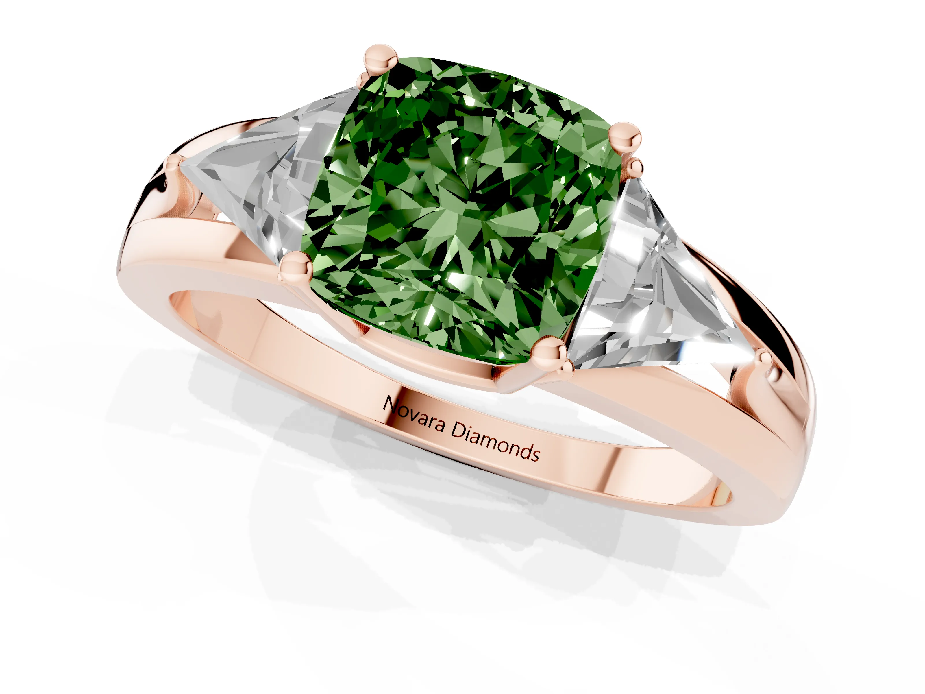 Fancy Green Cushion Cut Diamond Three-Stone Ring Set in Rose gold with Trillion Side Stones and Split Shank