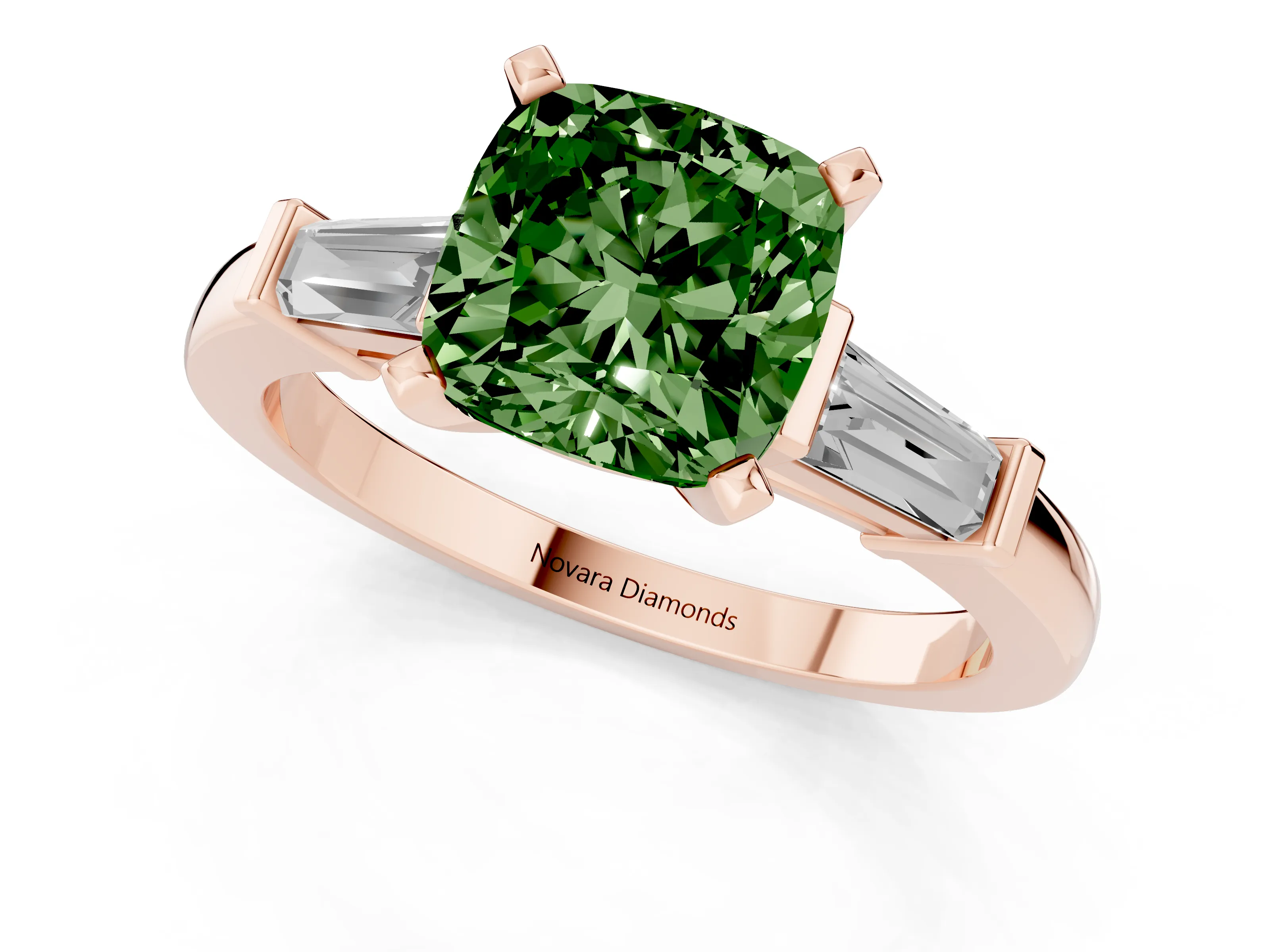 Fancy Green Cushion Cut Diamond Solitaire Ring Set in Rose gold with Tapered Baguette Accents and Prong Setting