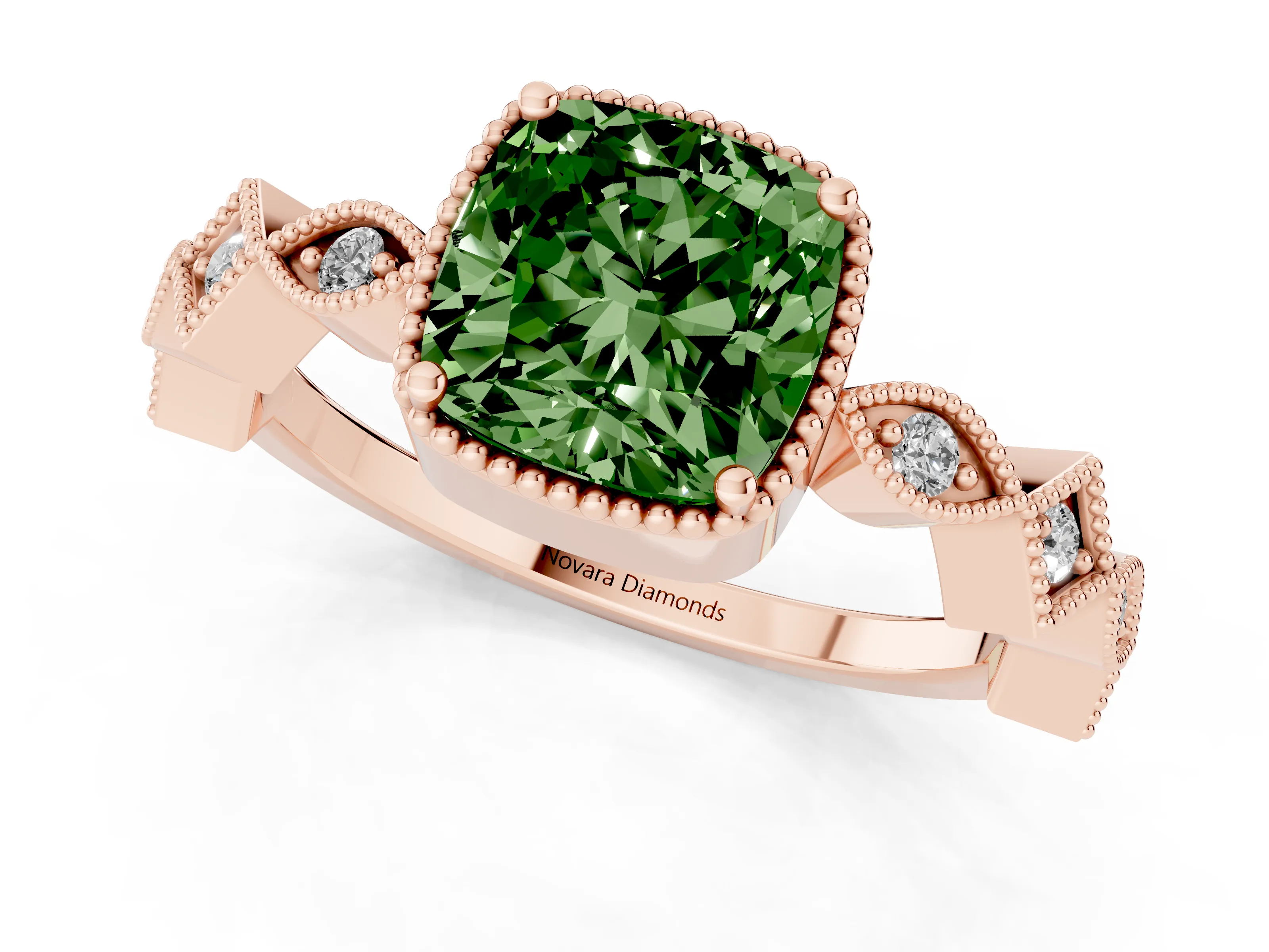 Fancy Green Cushion Cut Diamond Milgrain Marquise Twist Band Ring Set in Rose gold with Prong Setting