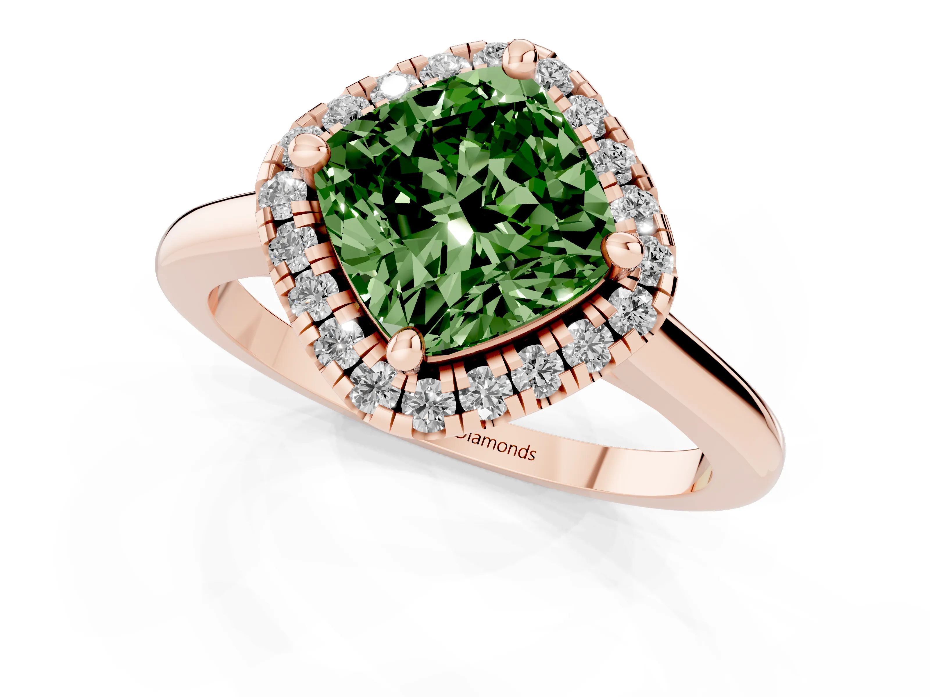 Fancy Green Cushion Cut Diamond Halo Engagement Ring Set in Rose gold with Pavé Band and Rising Shoulders
