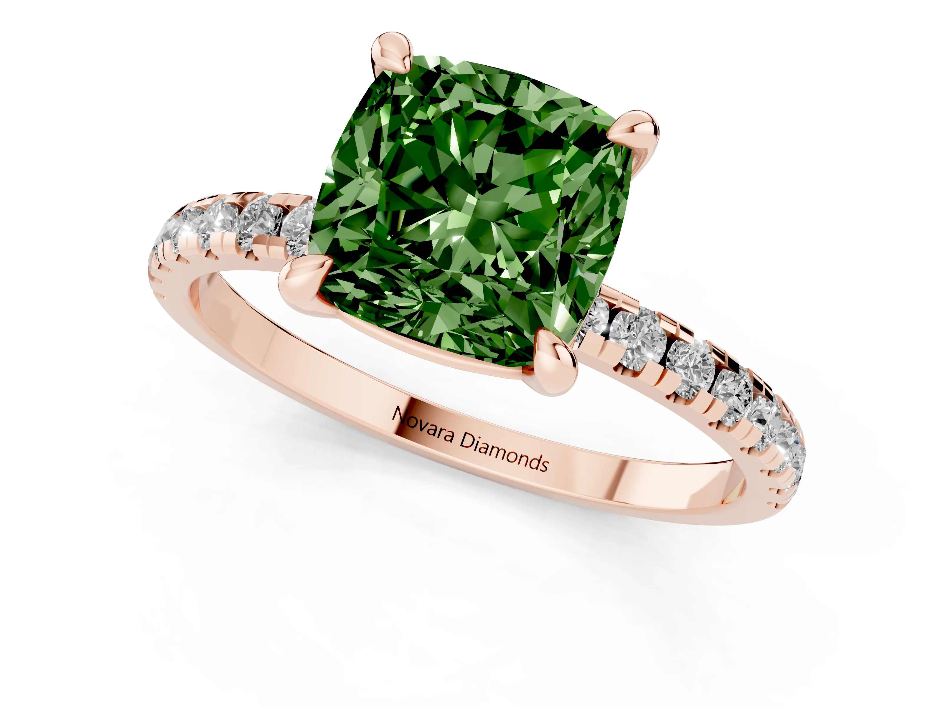 Fancy Green Cushion Cut Diamond Brilliant Solitaire Ring Set in Rose gold with Pavé Band and Prong Setting