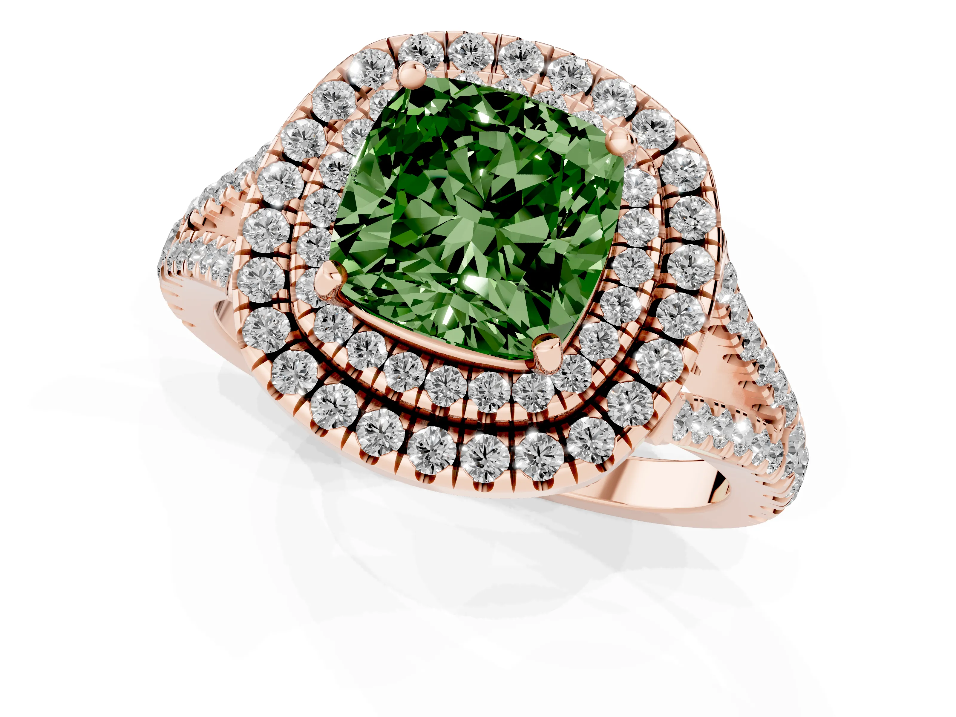 Fancy Green Cushion Cut Diamond Double Halo Ring Set in Rose gold with Pavé Band