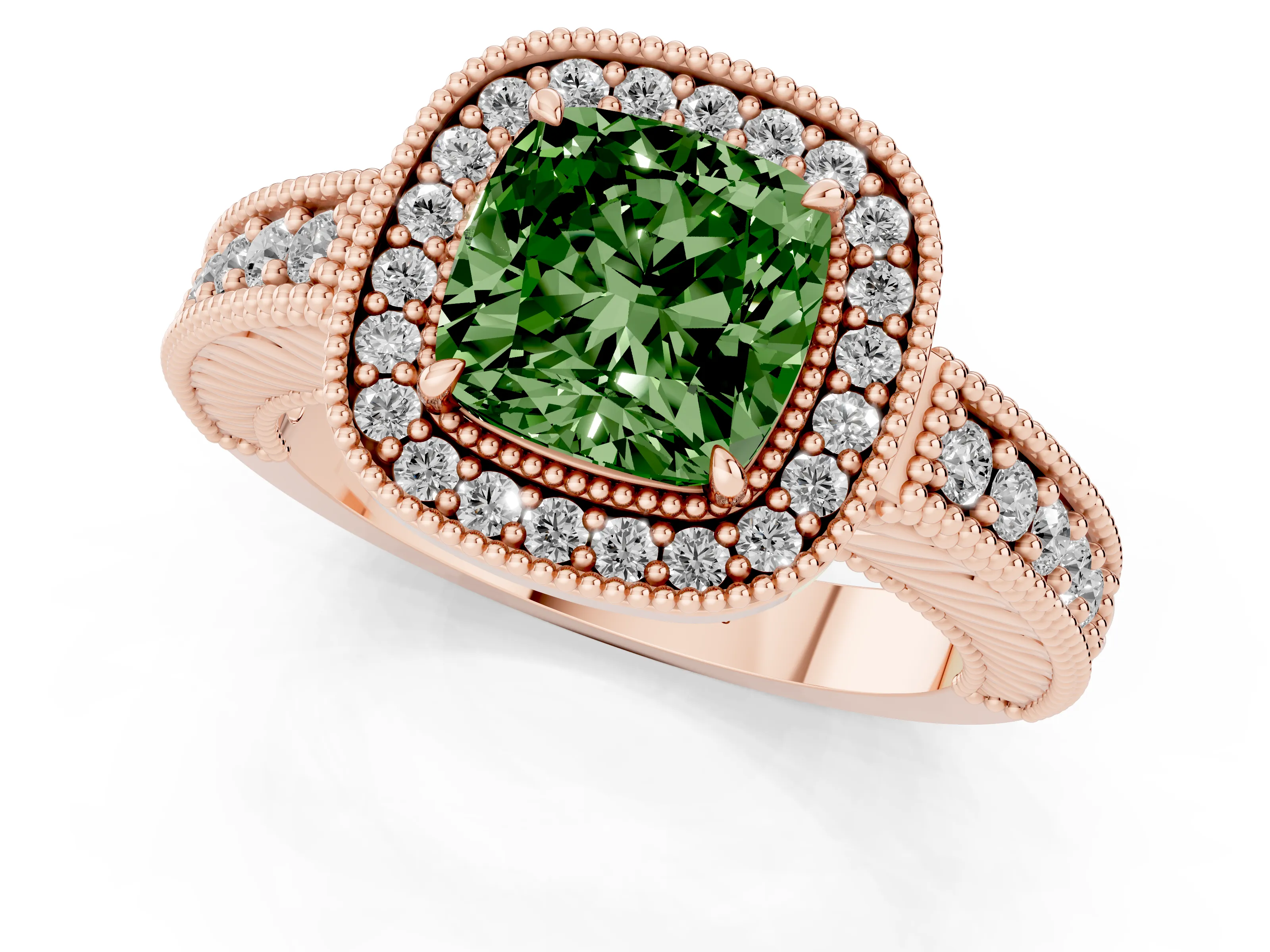Fancy Green Cushion Cut Diamond Halo Ring Set in Rose gold with Round Accent Halo, Pavé Band and Prong Setting