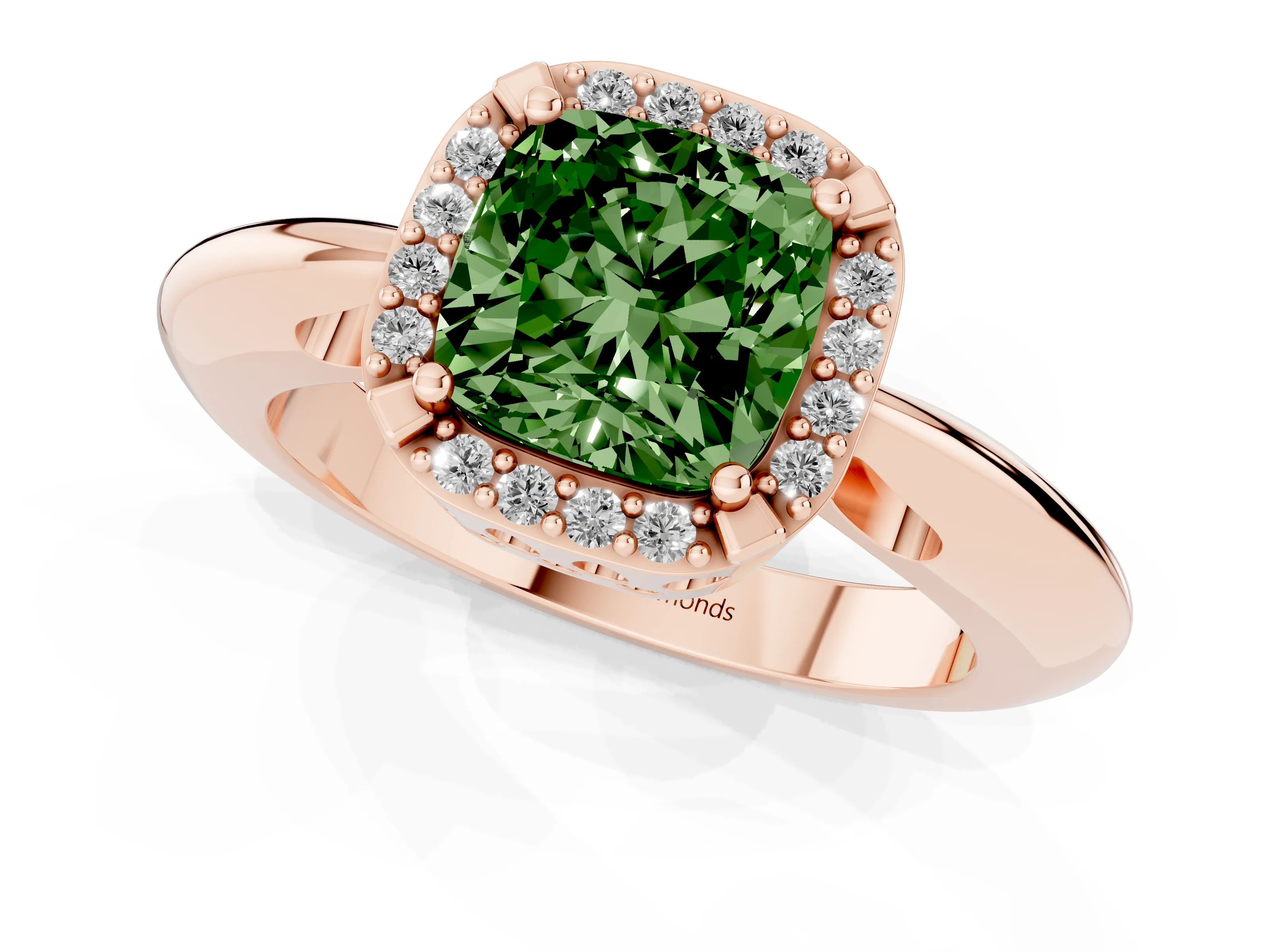 Fancy Green Cushion Cut Diamond Halo Engagement Ring Set in Rose gold with Plain Split Shank and Prong Setting