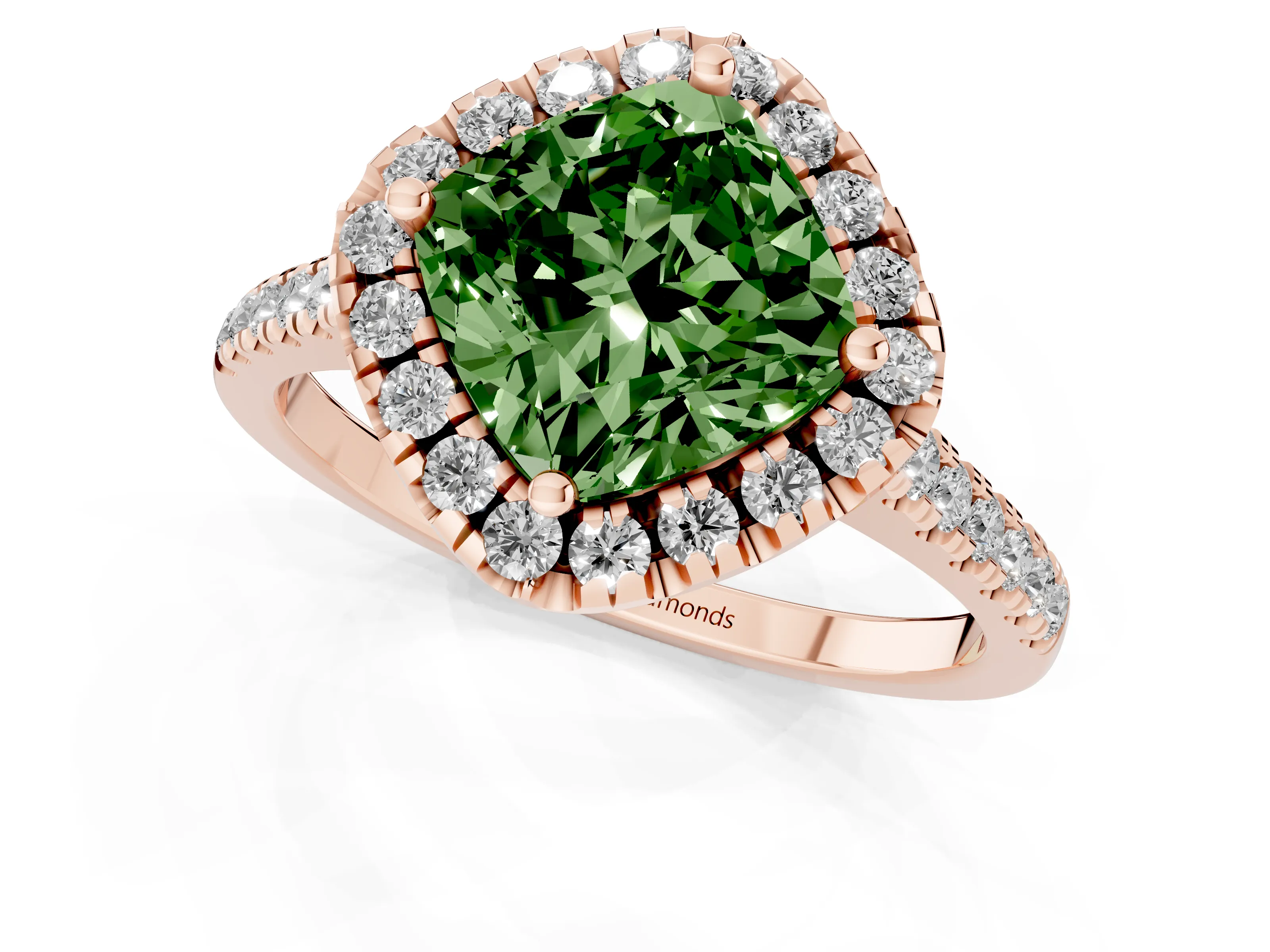 Fancy Green Cushion Cut Diamond Cushion Halo Ring Set in Rose gold with Pavé Band