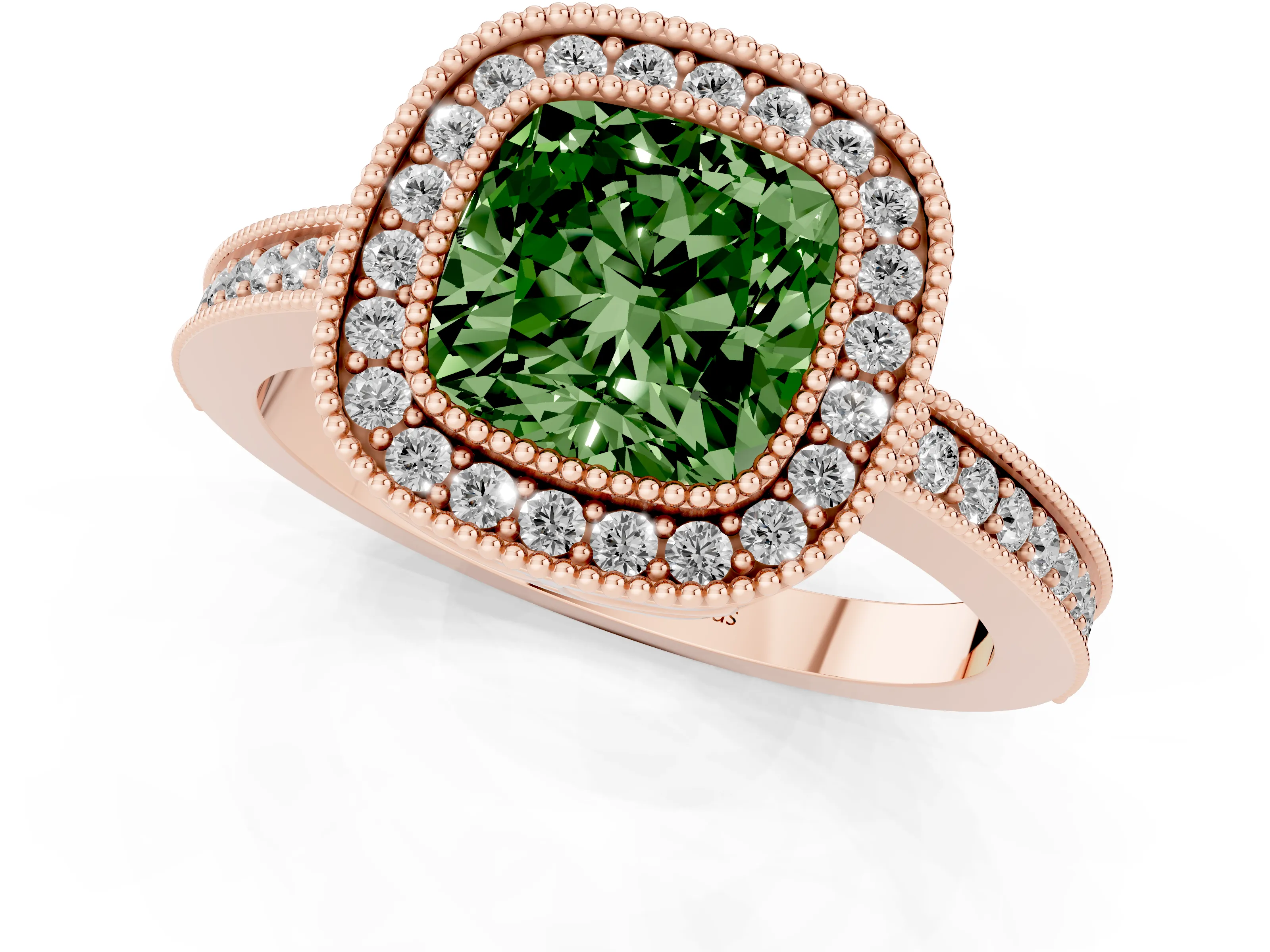 Fancy Green Cushion Cut Diamond Round Halo Ring Set in Rose gold with Pavé Band