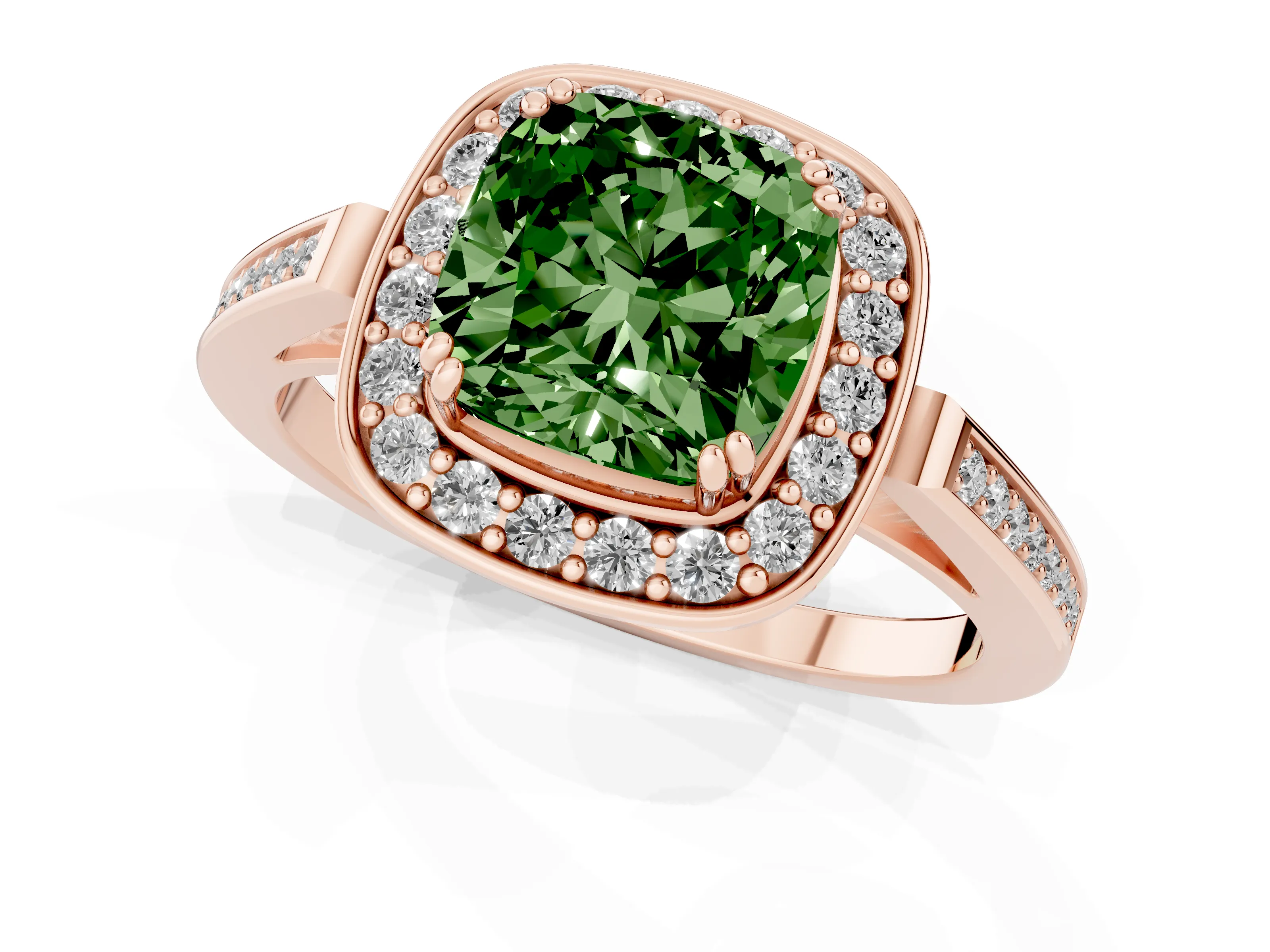 Fancy Green Cushion Cut Diamond Halo Ring Set in Rose gold with Accent-Lined Split Shank and Prong Setting