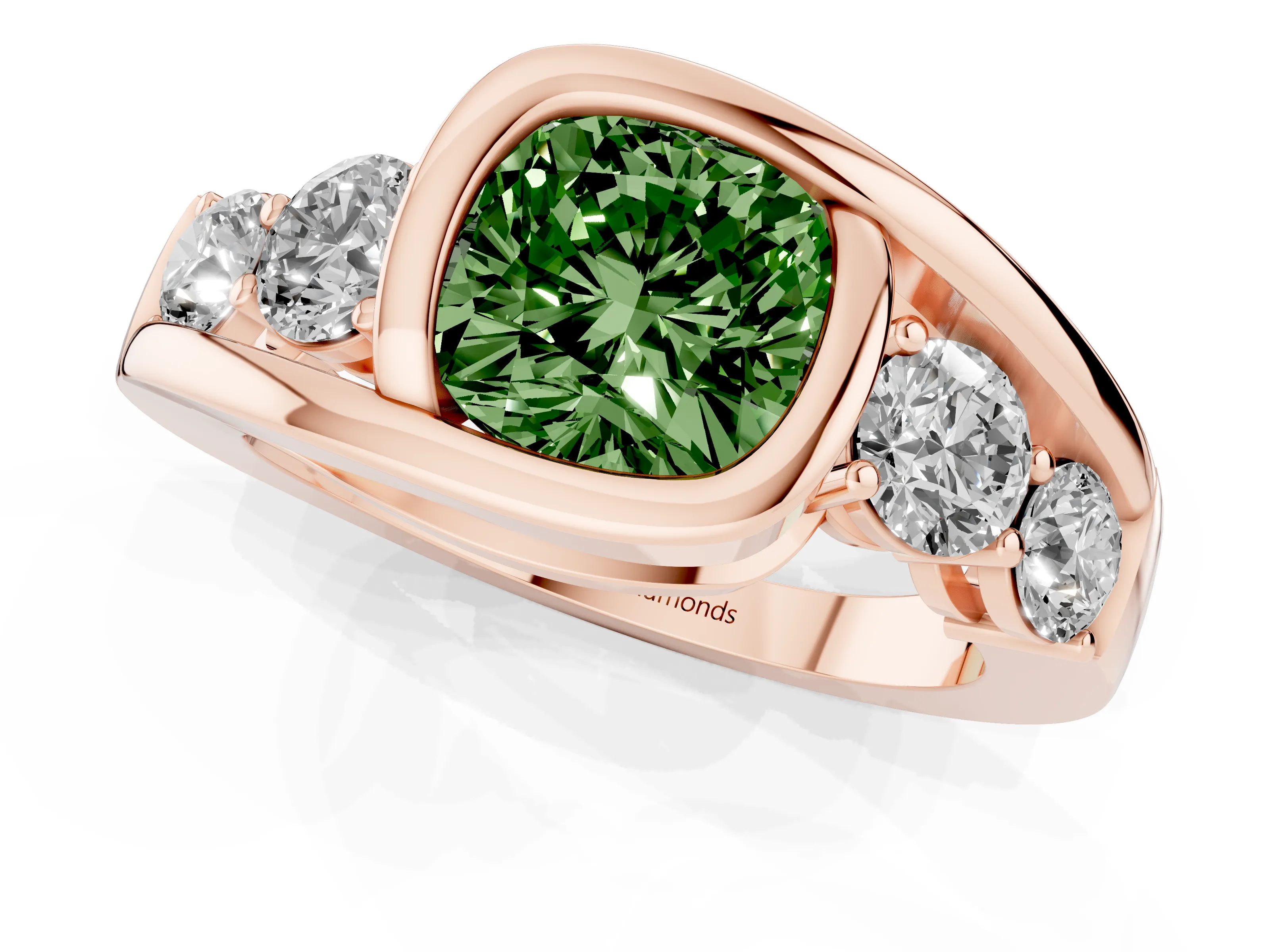 Fancy Green Cushion Cut Diamond Bezel Bypass Ring Set in Rose gold with Round Accents