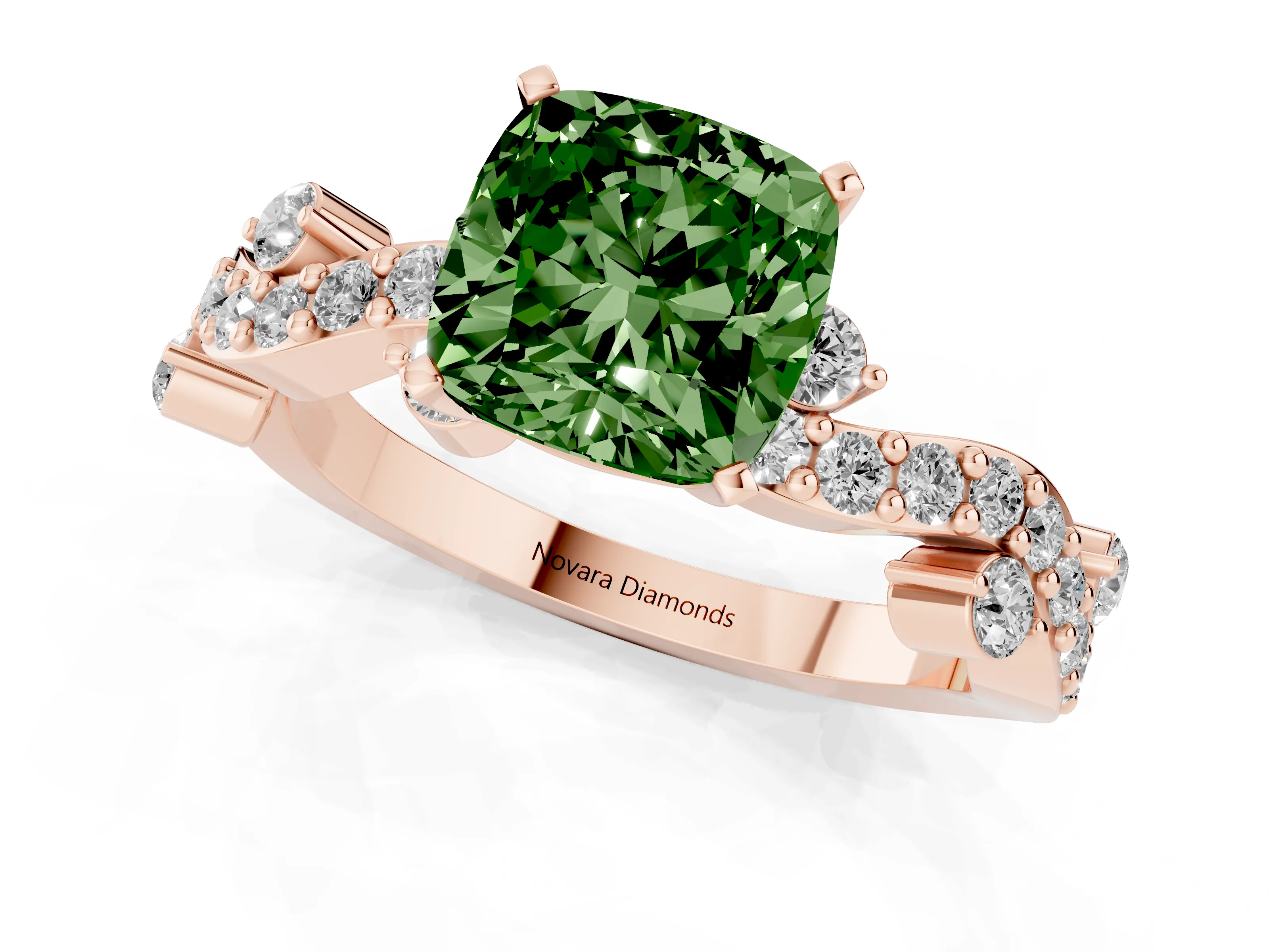 Fancy Green Cushion Cut Diamond Solitaire Twisted Band Set in Rose gold with Pavé Setting
