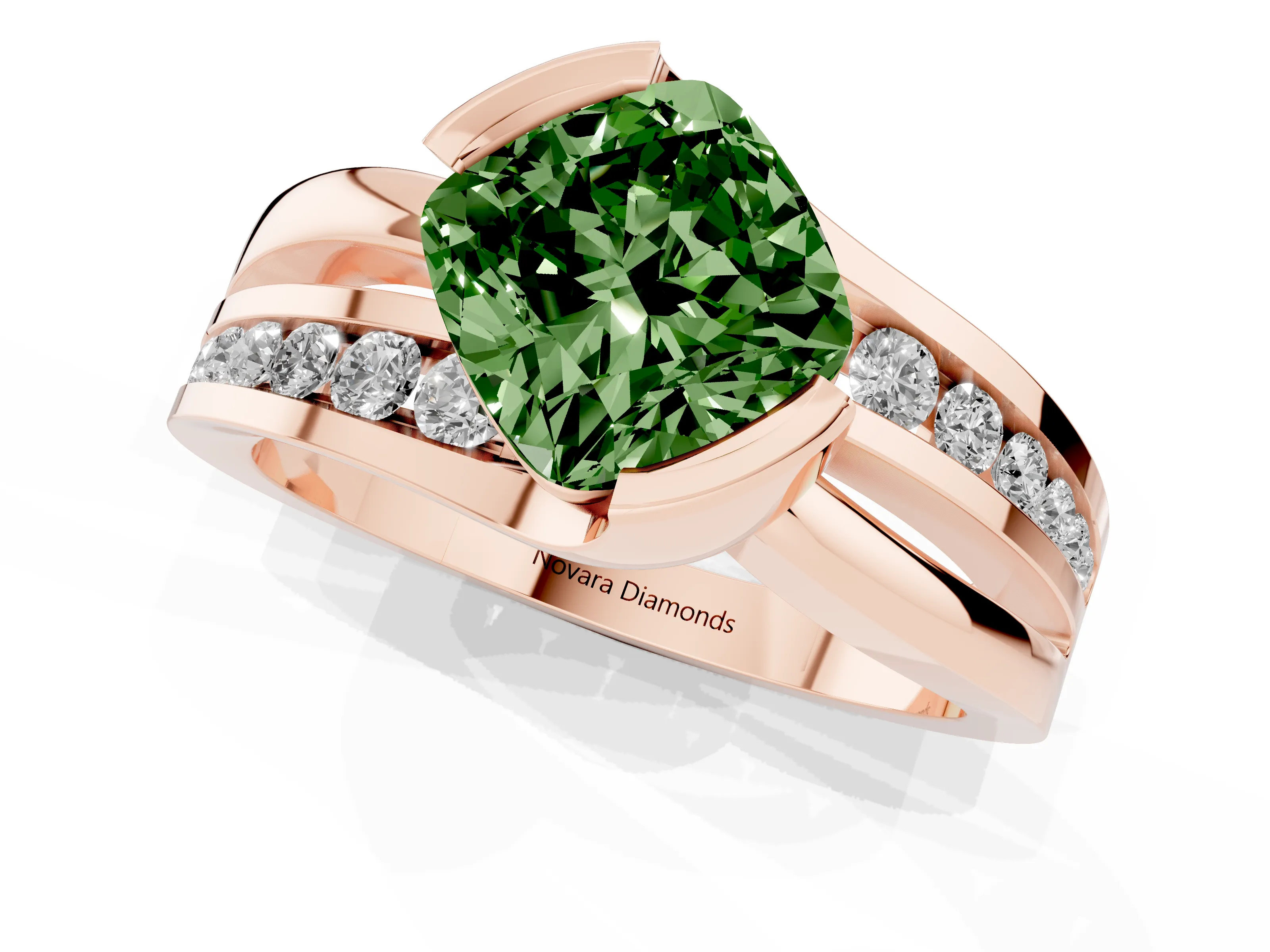 Fancy Green Cushion Cut Diamond Solitaire Ring Set in Rose gold with Channel Set Split Shank and Tension Prongs