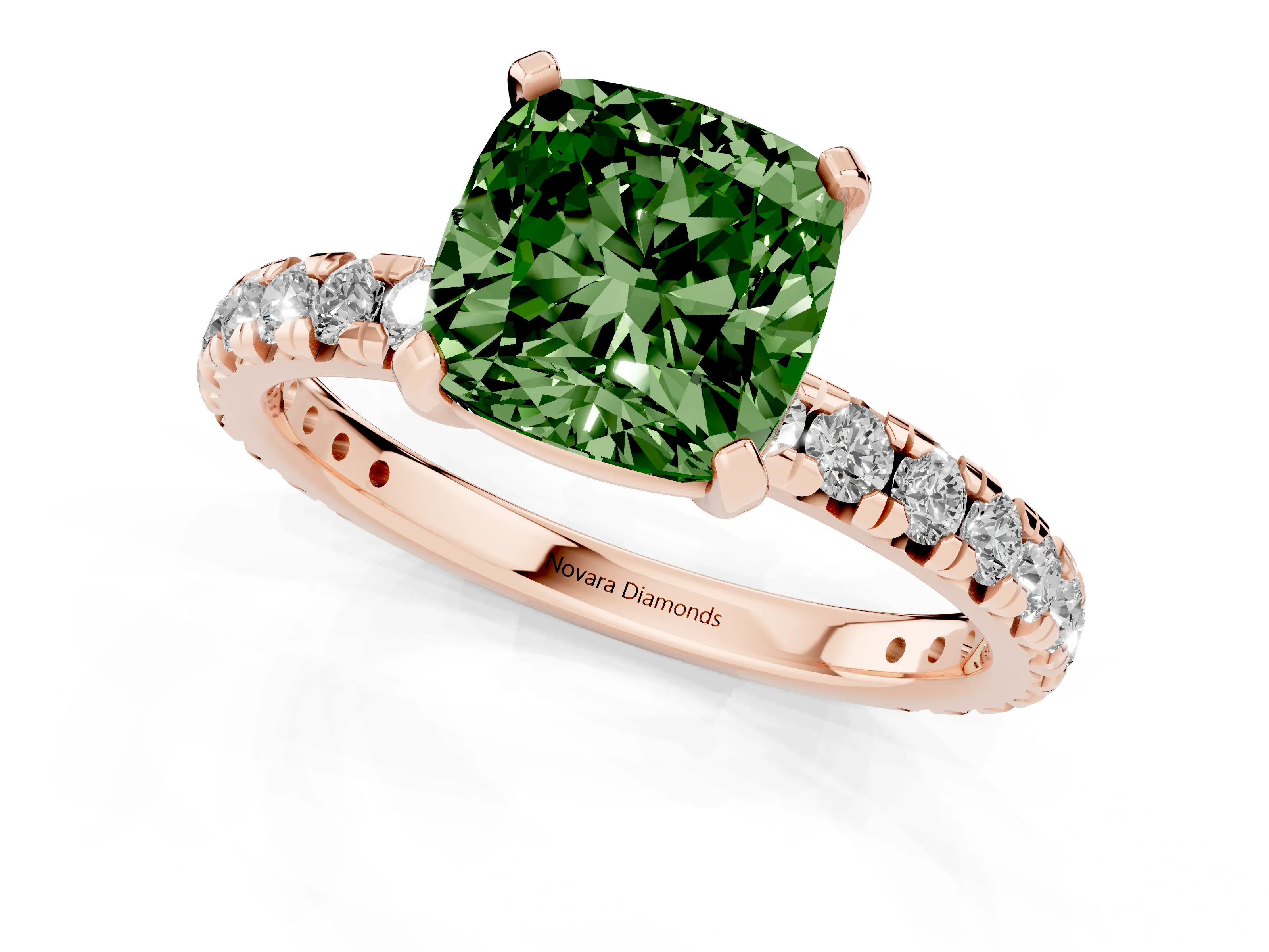 Fancy Green Cushion Cut Diamond Pavé Solitaire Ring Set in Rose gold with Round Band and Prong Setting – second view