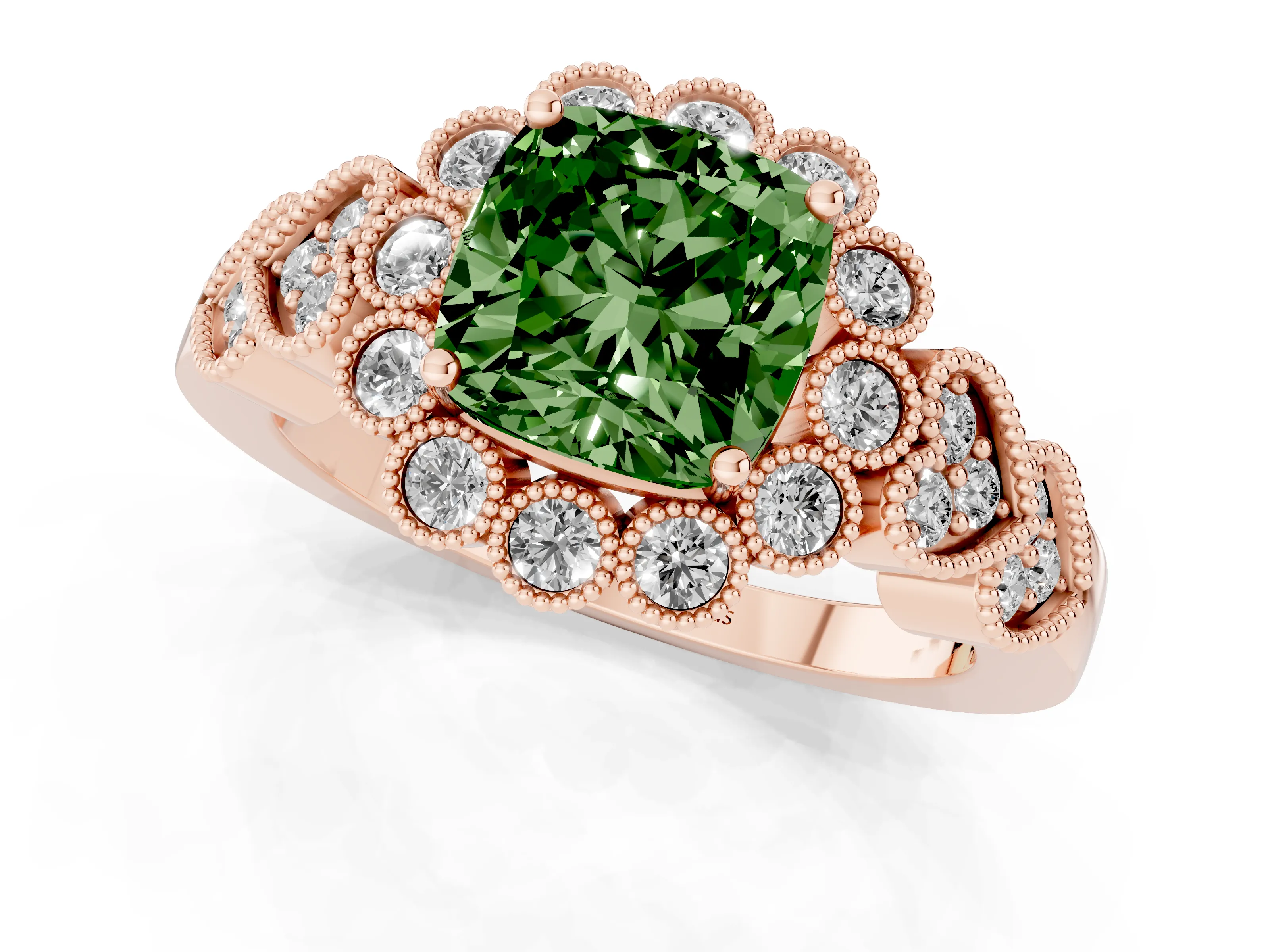Fancy Green Cushion Cut Diamond Solitaire Ring Set in Rose gold with Milgrain Pavé Heart Band