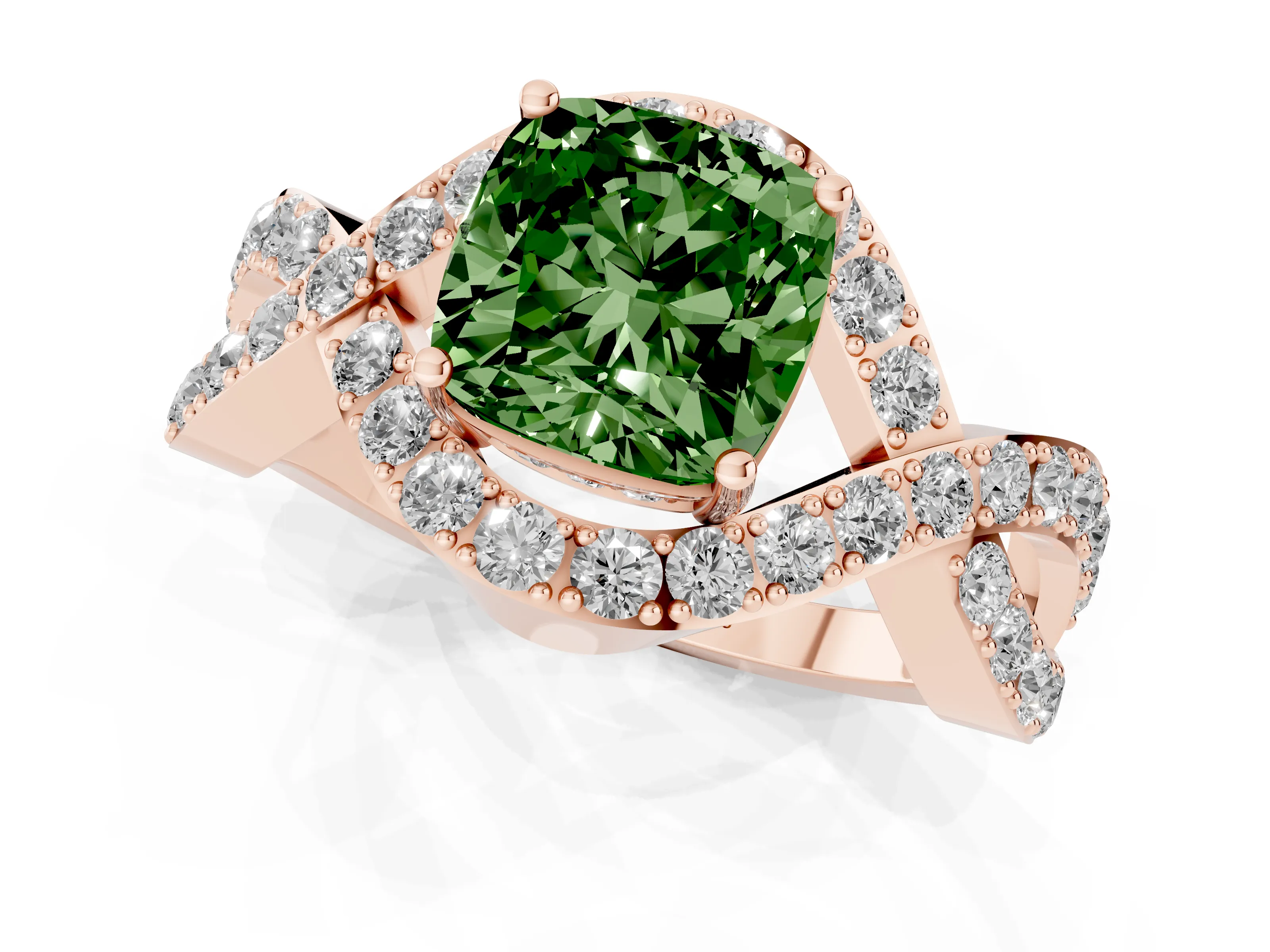 Fancy Green Cushion Cut Diamond Solitaire Twist Band Pavé Engagement Ring Set in Rose gold