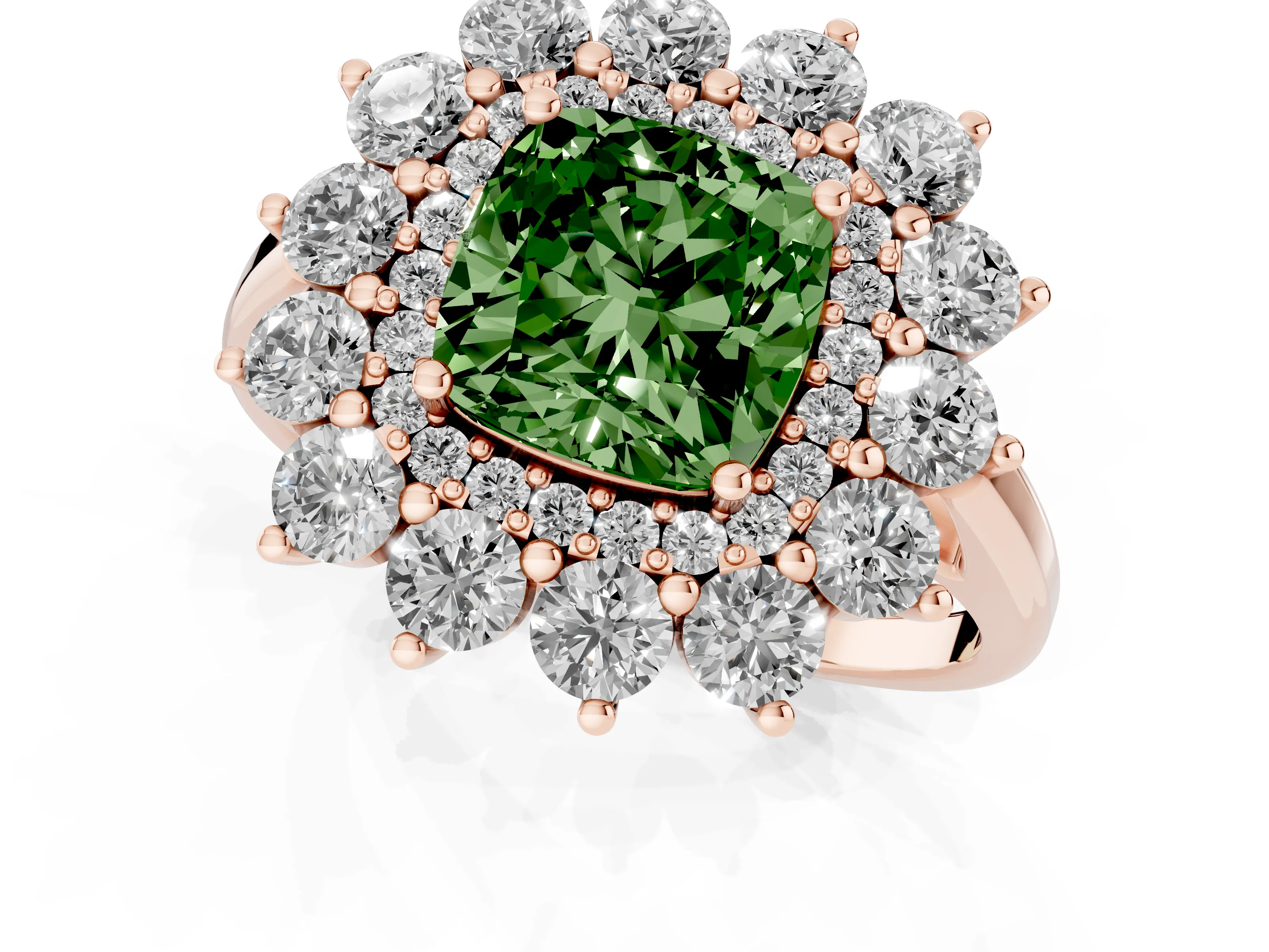 Fancy Green Cushion Cut Diamond Floral Double Halo Ring Set in Rose gold with Round Petals
