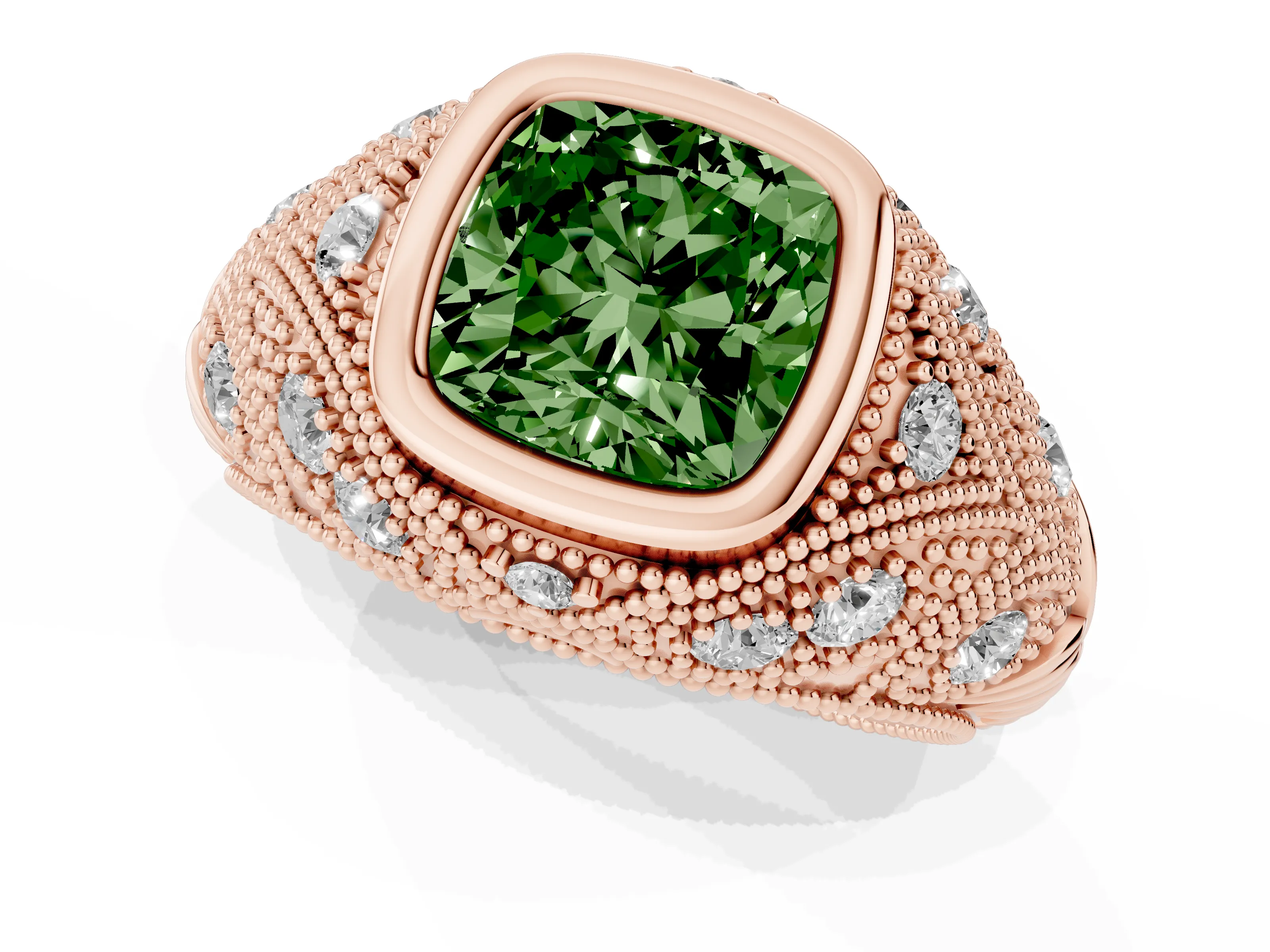 Fancy Green Cushion Cut Diamond Bezel Ring Set in Rose gold with Milgrain Accent Band