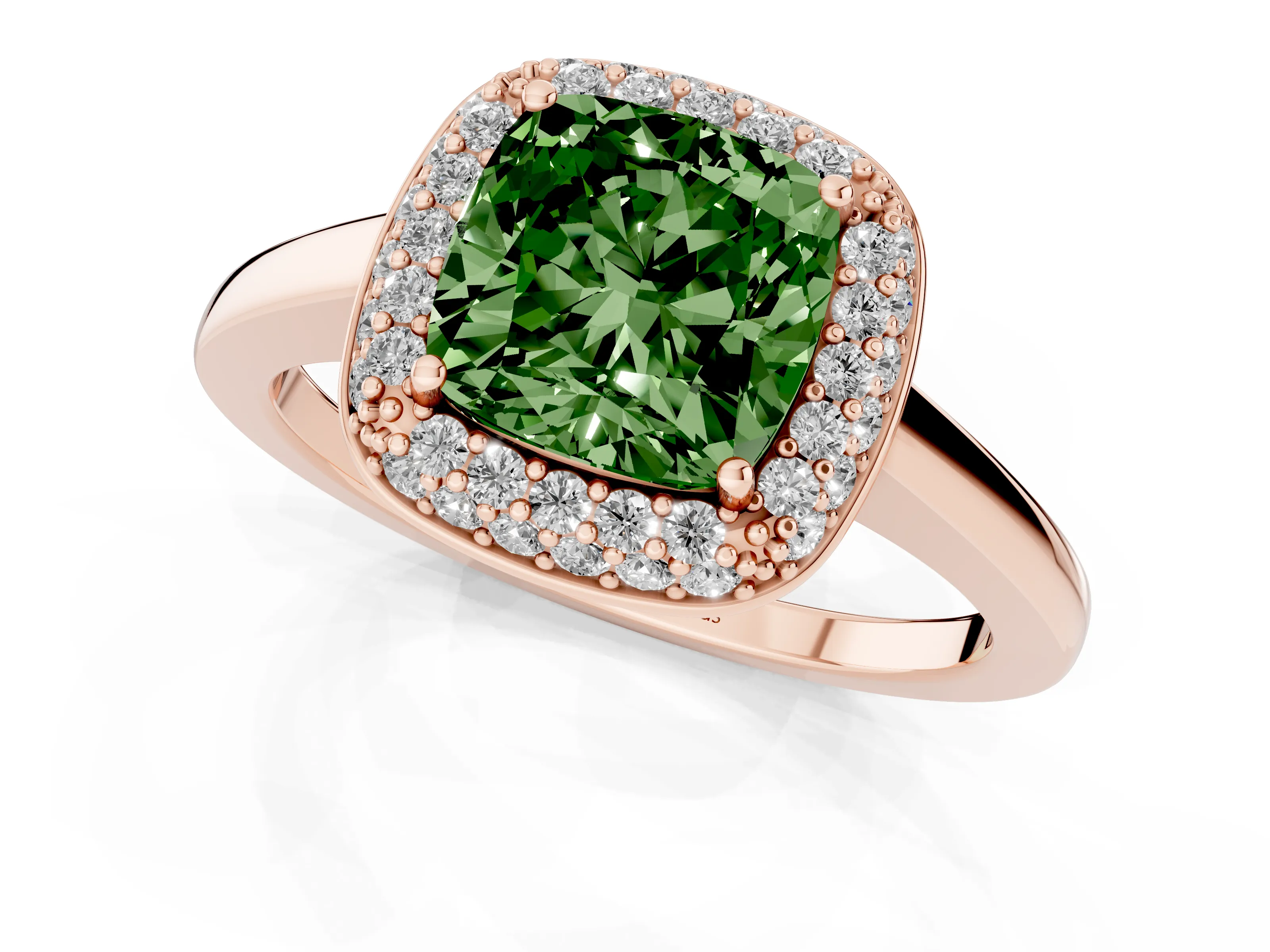 Fancy Green Cushion Cut Diamond Halo Engagement Ring Set in Rose gold with Solitaire Band and Prong Setting