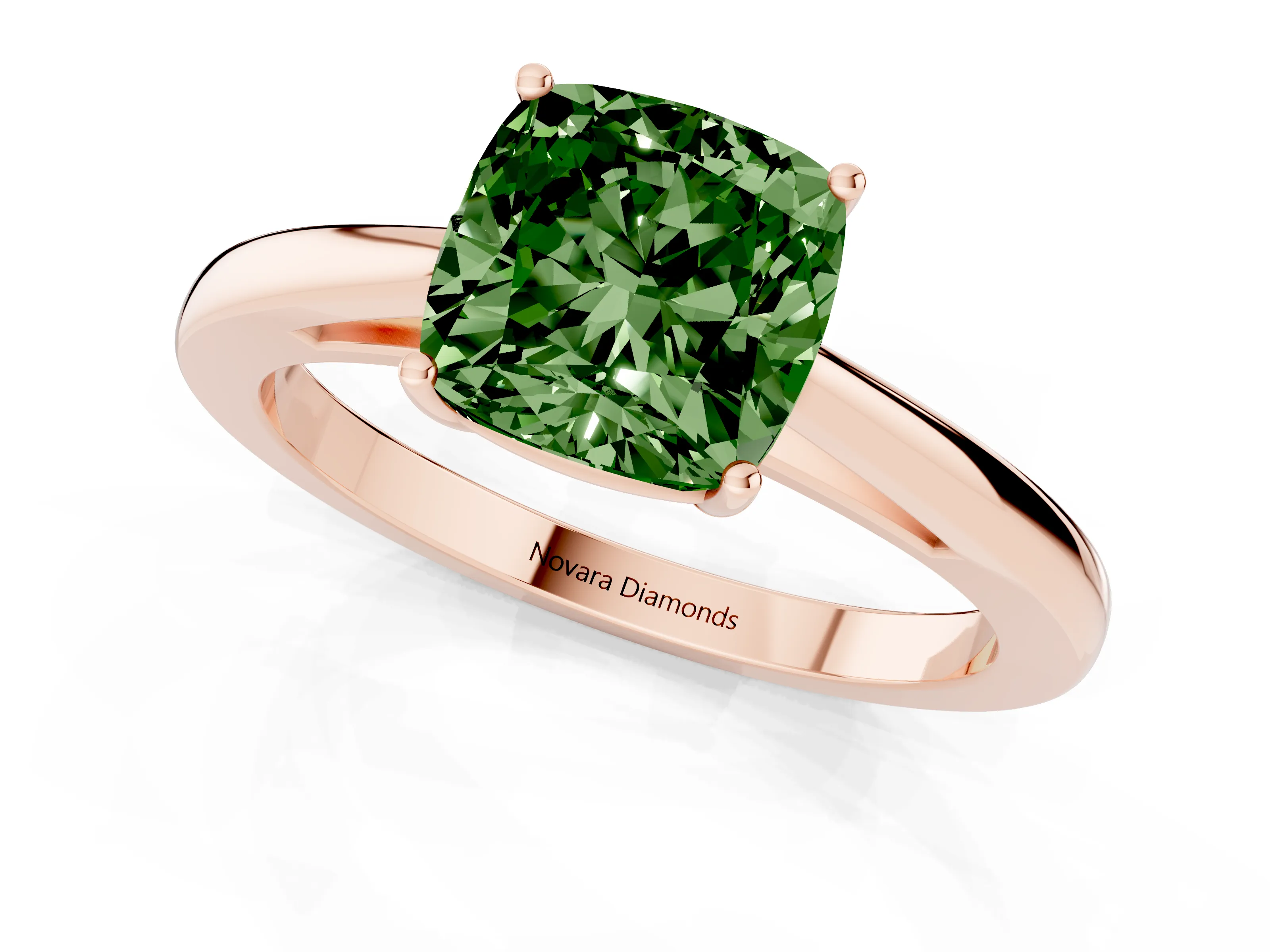 Fancy Green Cushion Cut Diamond Solitaire Ring Set in Rose gold with Split Shank and Prong Setting