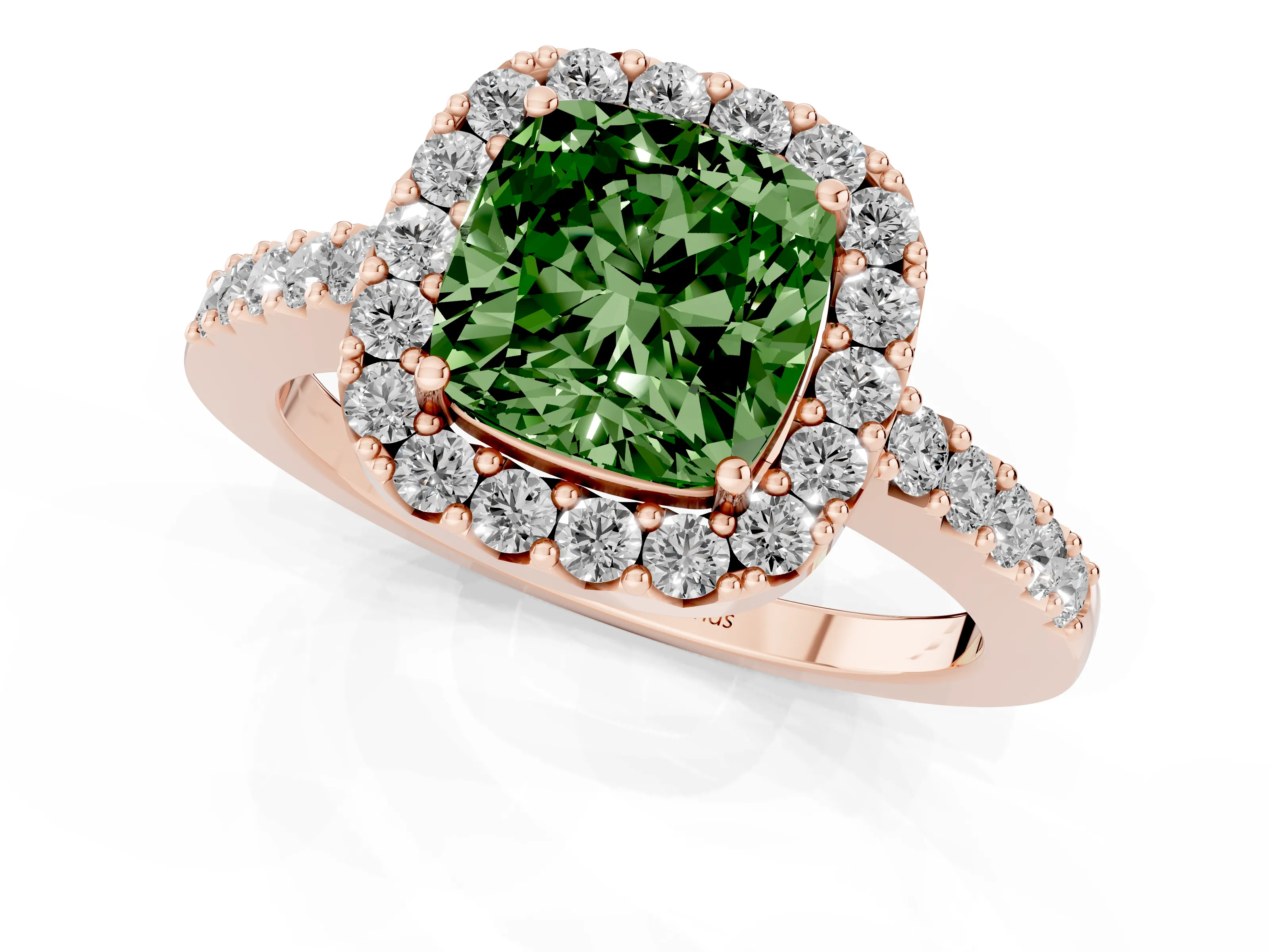 Fancy Green Cushion Cut Diamond Halo Pavé Solitaire Ring Set in Rose gold with Prong-Set Center Stone