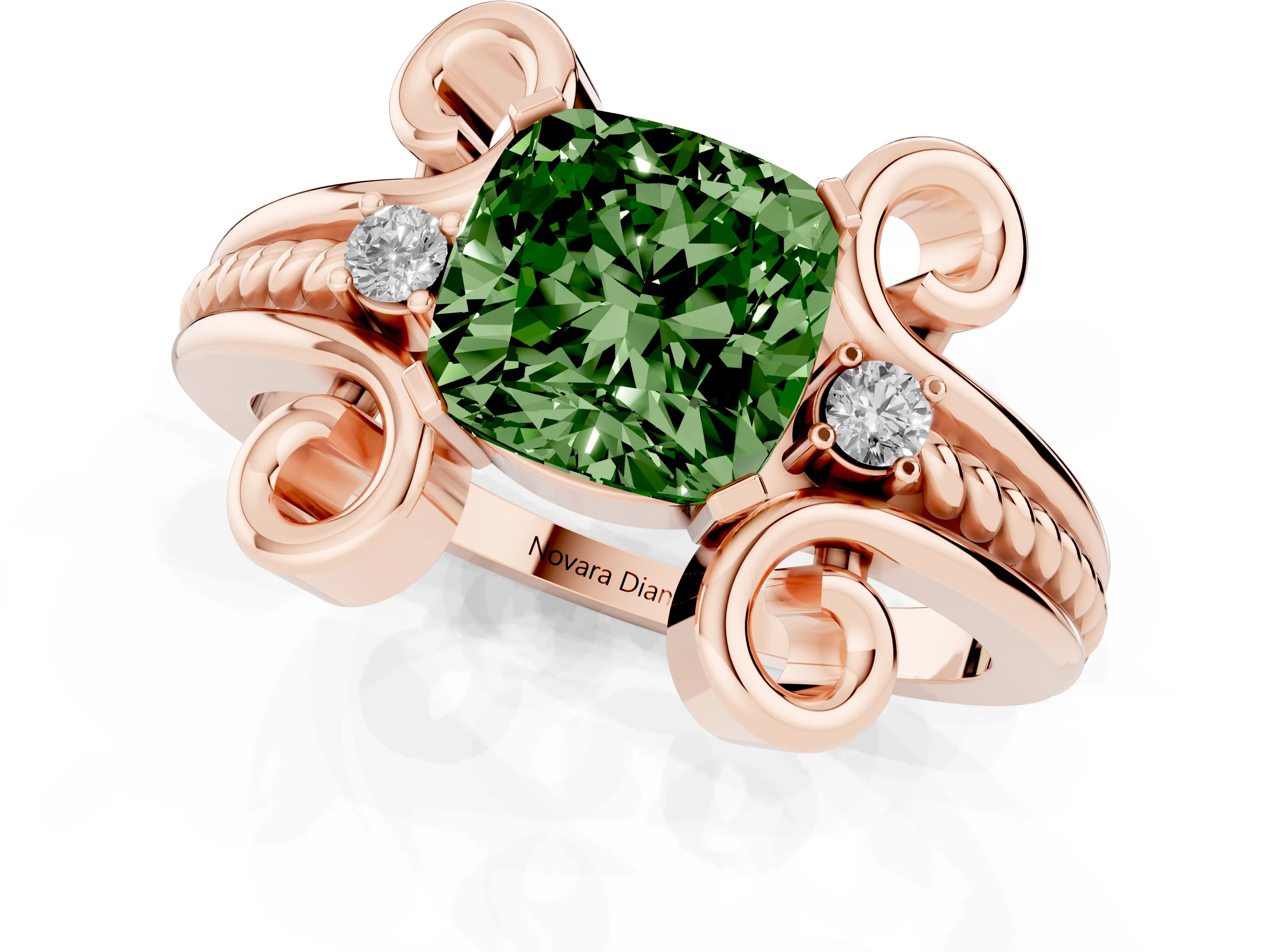 Fancy Green Cushion Cut Diamond Twisted Band Solitaire Ring Set in Rose gold with Scroll Prongs