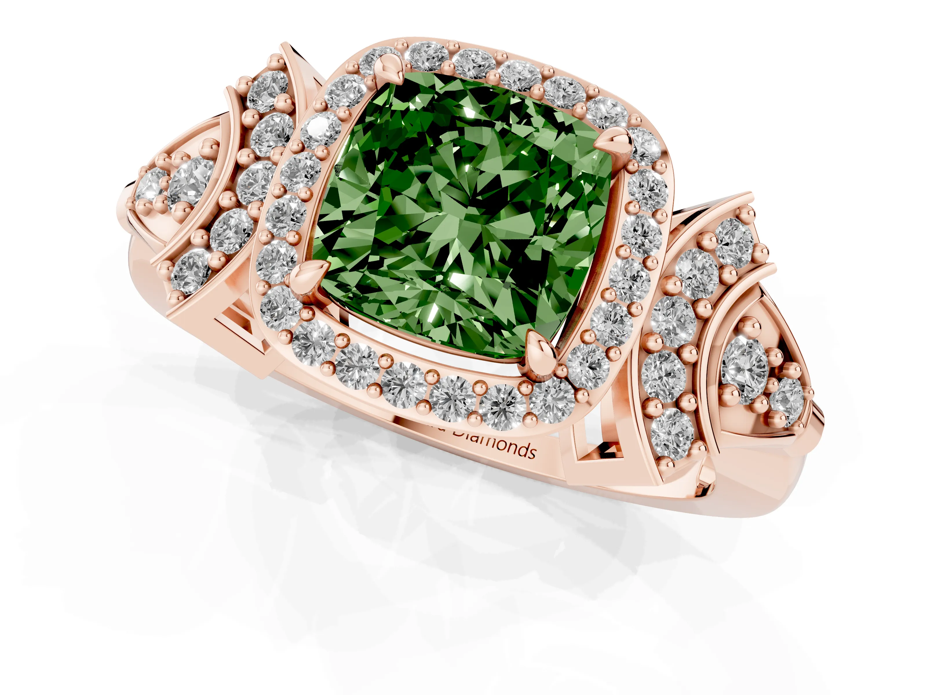 Fancy Green Cushion Cut Diamond Halo Engagement Ring Set in Rose gold with Accent Stone Split Shank