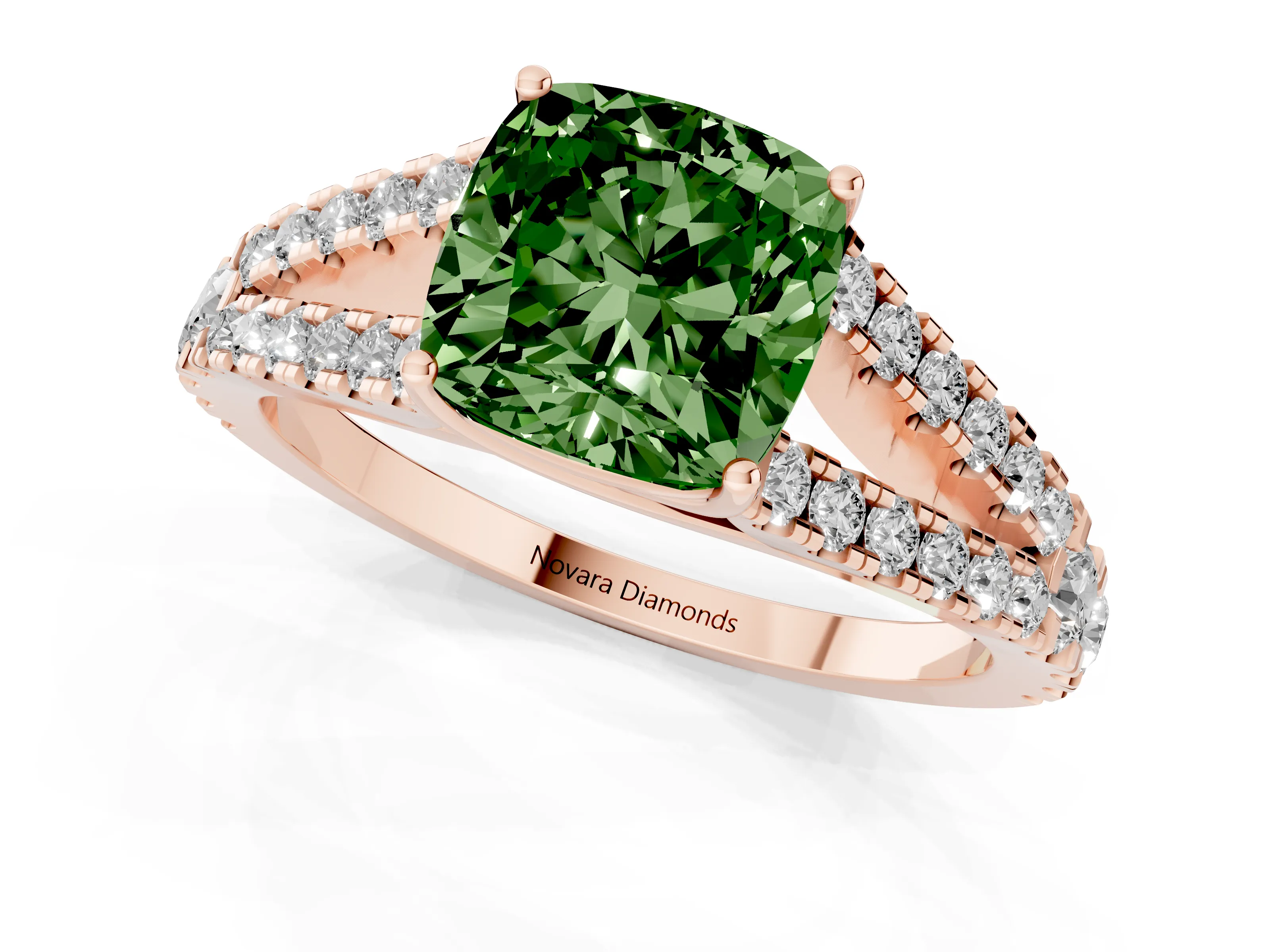 Fancy Green Cushion Cut Diamond Split Shank Pavé Engagement Ring Set in Rose gold with Prong-Held Center Stone