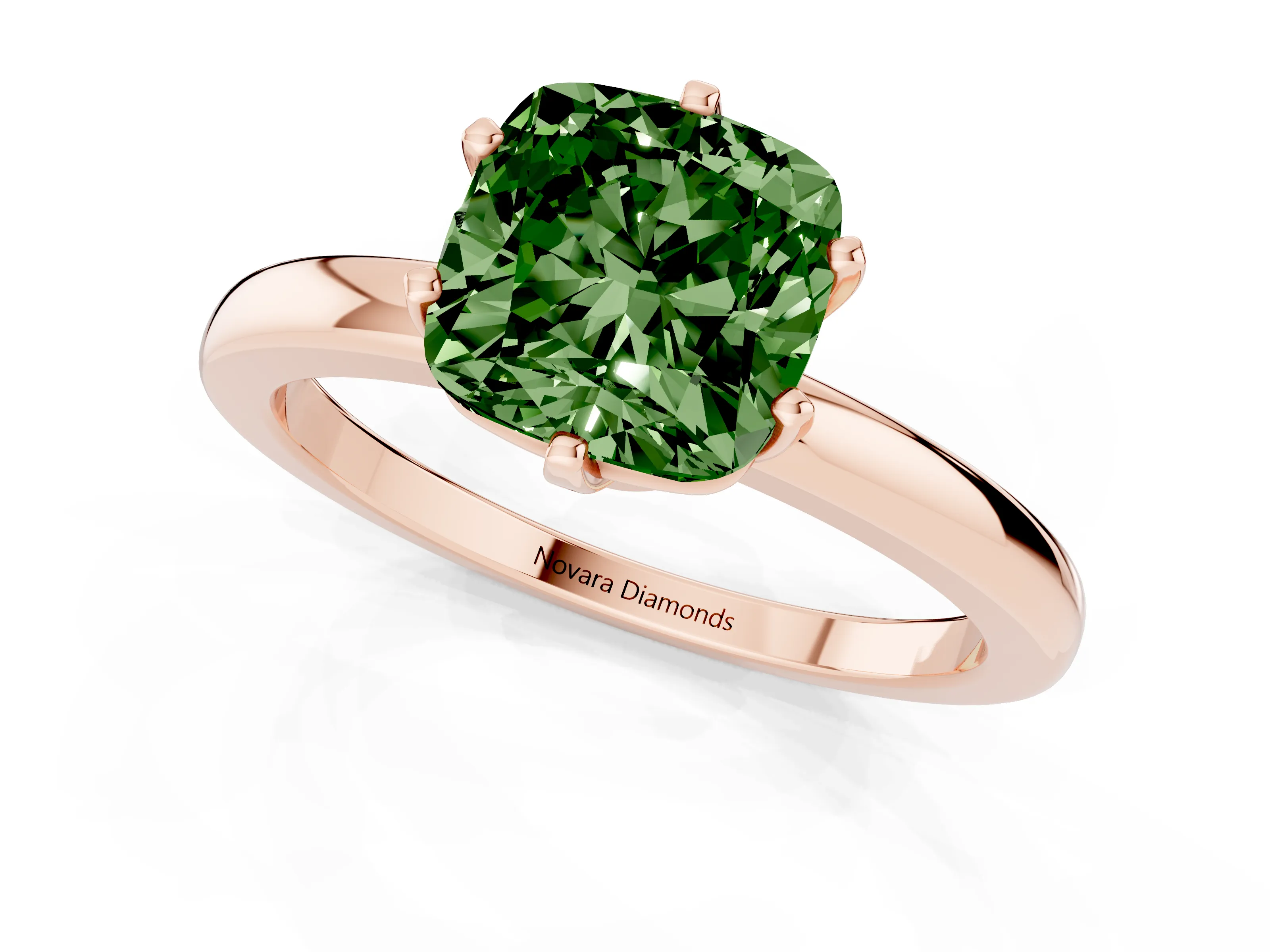 Fancy Green Cushion Cut Diamond Solitaire Ring Set in Rose gold with Raised Prong Setting on a Classic Band