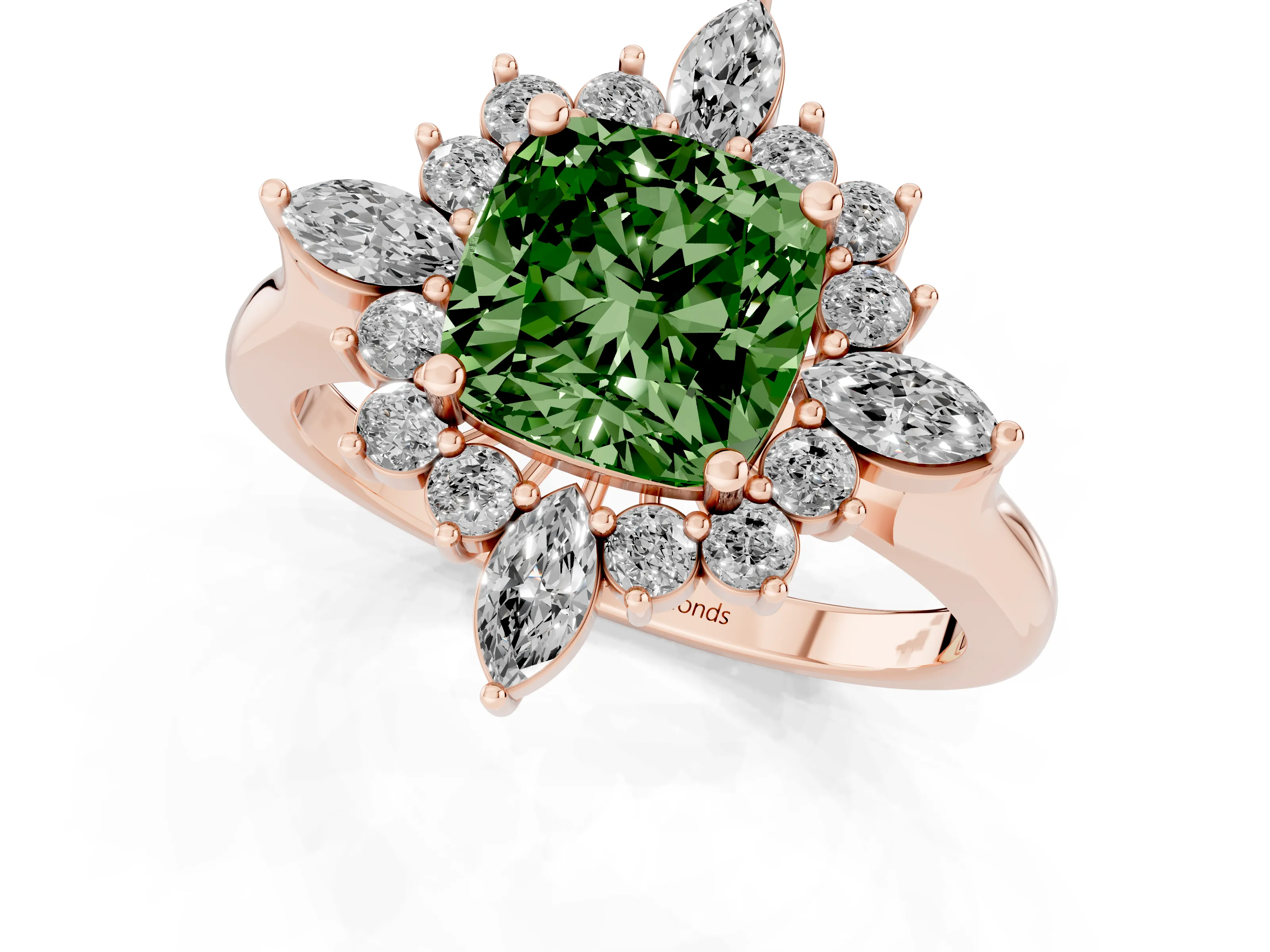 Fancy Green Cushion Cut Diamond Cluster Halo Ring Set in Rose gold with Marquise and Round Accents