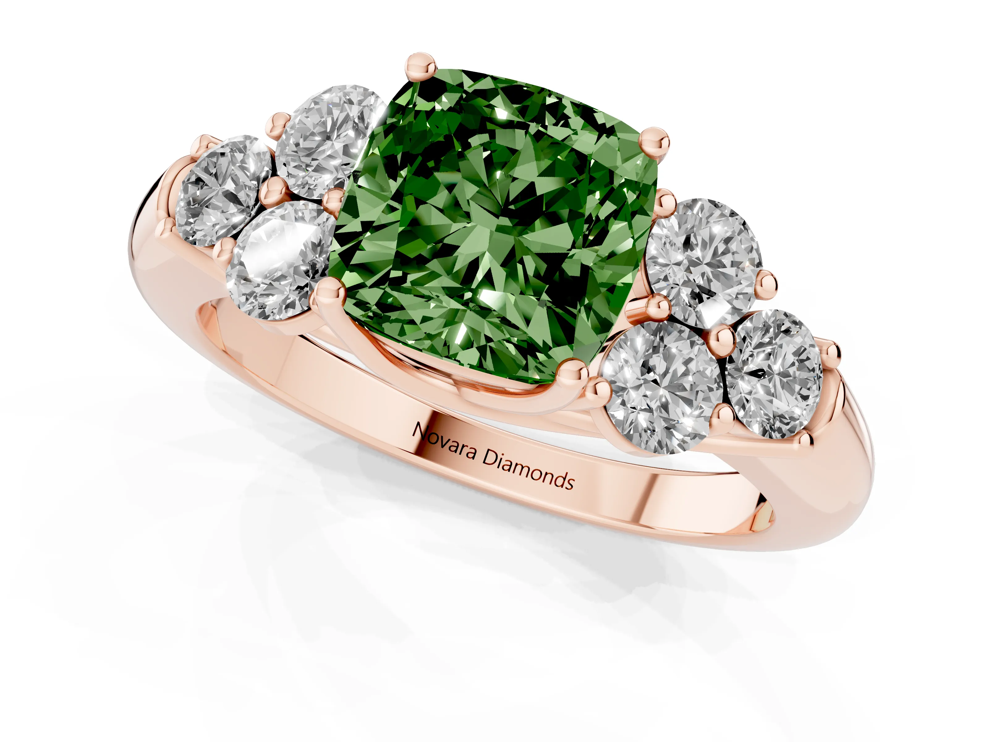 Fancy Green Cushion Cut Diamond Cluster Ring Set in Rose gold with Round Accent Stones and Prong Setting on a Plain Band