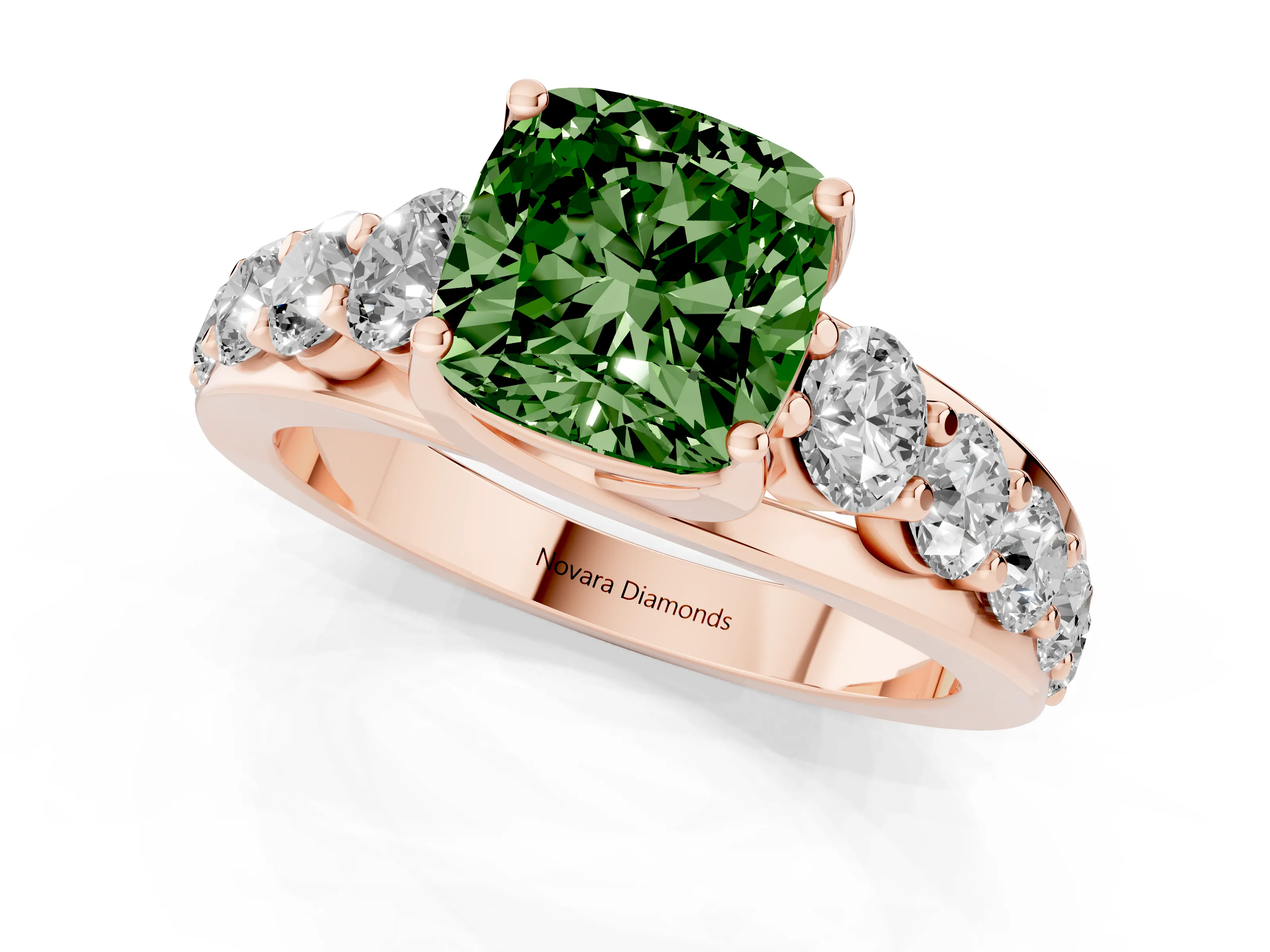 Fancy Green Cushion Cut Diamond Pavé Engagement Ring Set in Rose gold with Prong Setting