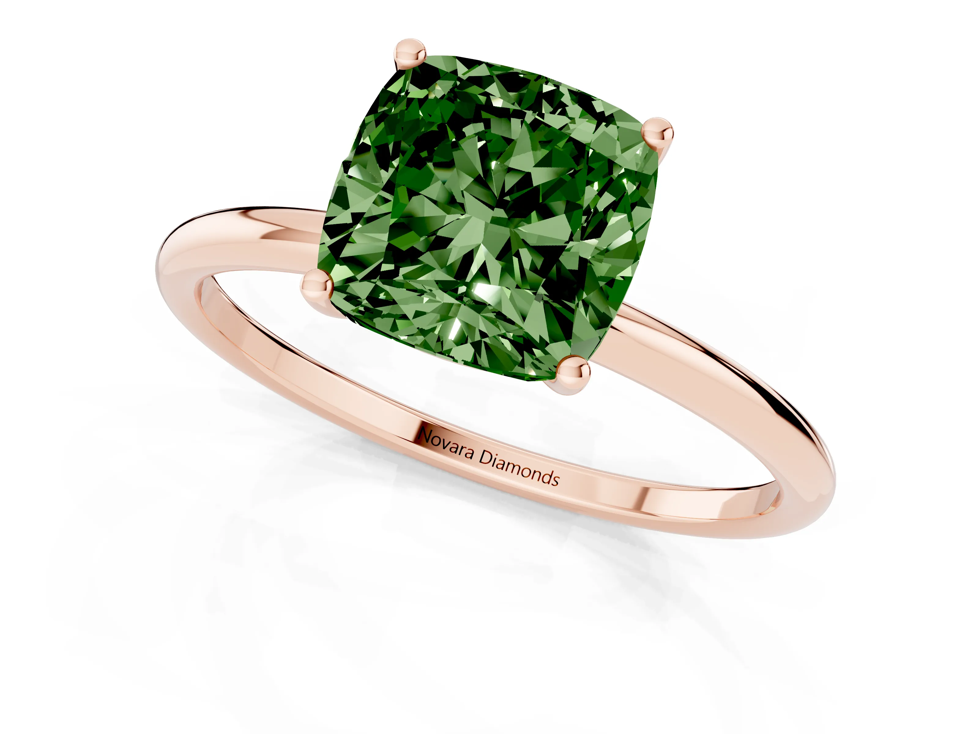 Fancy Green Cushion Cut Diamond Solitaire Engagement Ring Set in Rose gold with Thin Band and Prong Setting