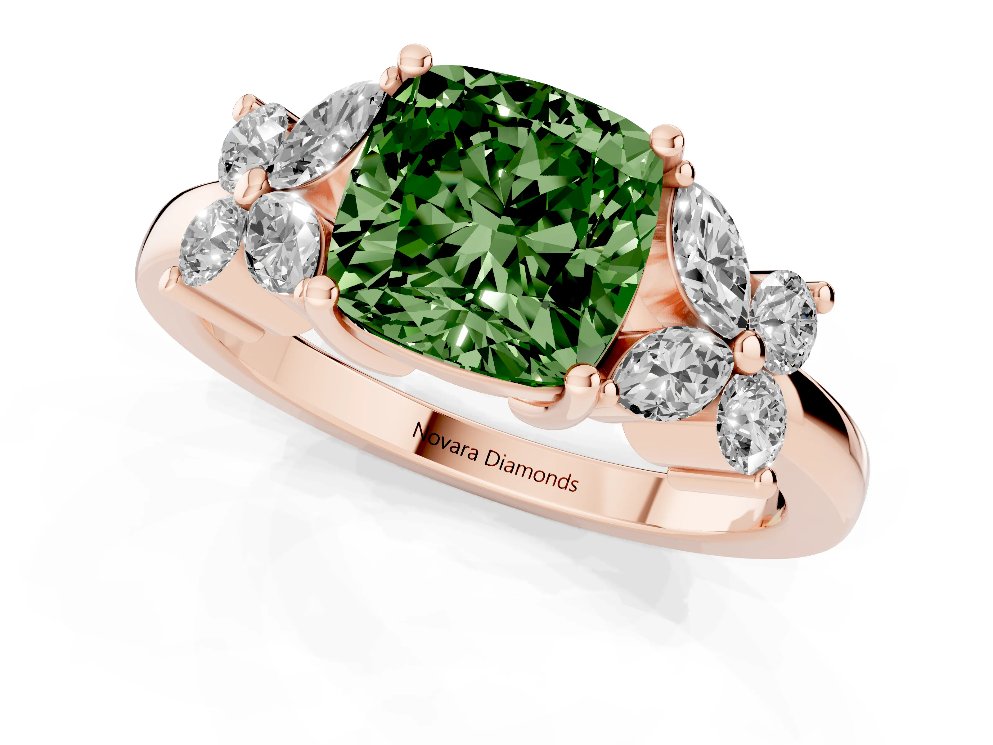 Fancy Green Cushion Cut Diamond Floral Cluster Ring Set in Rose gold with Marquise Petals and Prong Setting