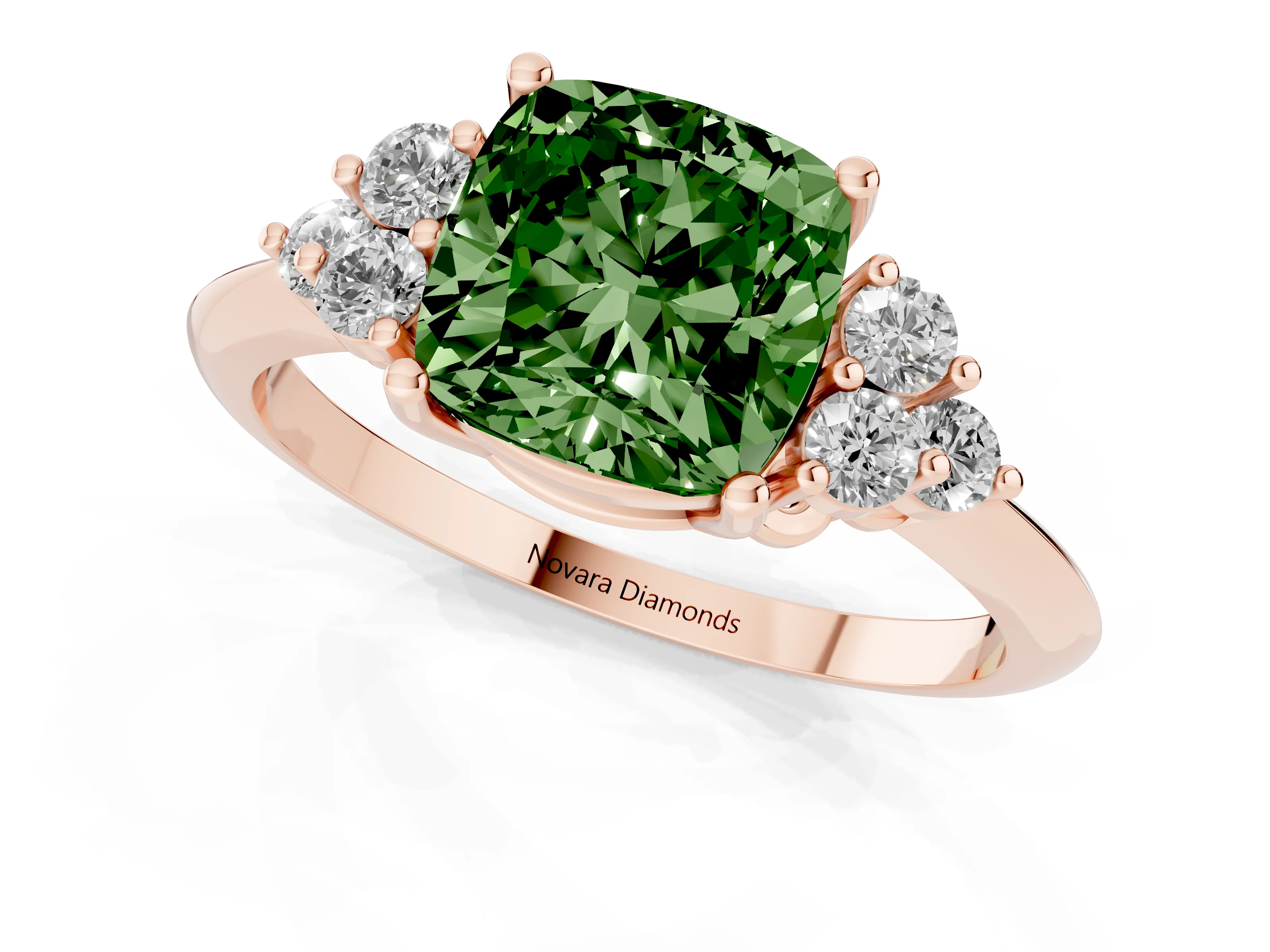 Fancy Green Cushion Cut Diamond Cluster Ring Set in Rose gold with Plain Band and Prong Setting